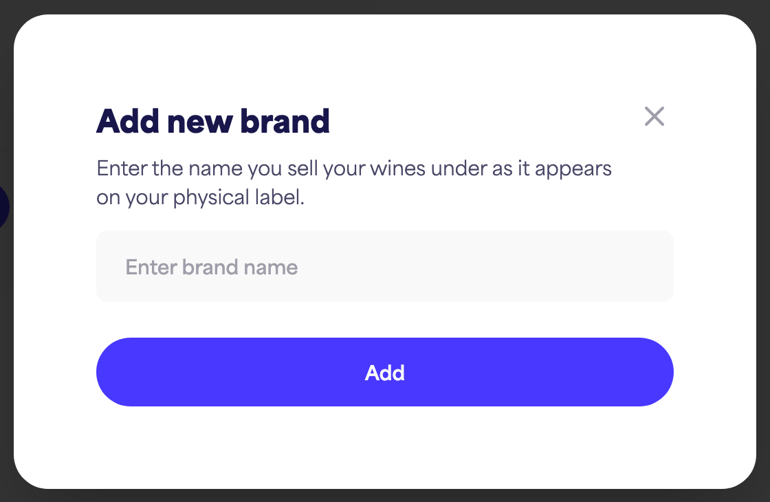The "Add new brand" dialog with the brand name field and the "Add" button