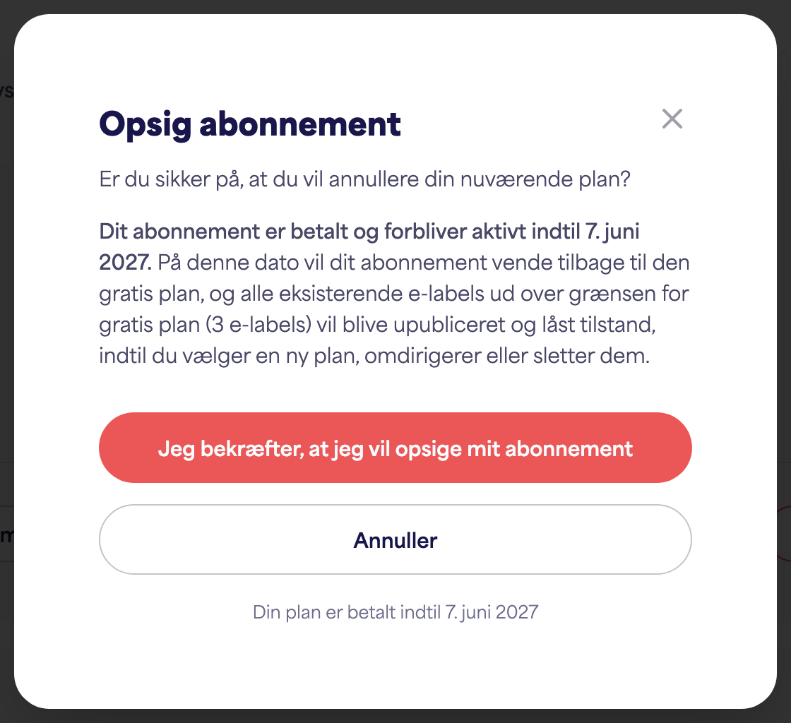 Abonnementområdet på kontoen, der viser muligheden for at opsige abonnementet
