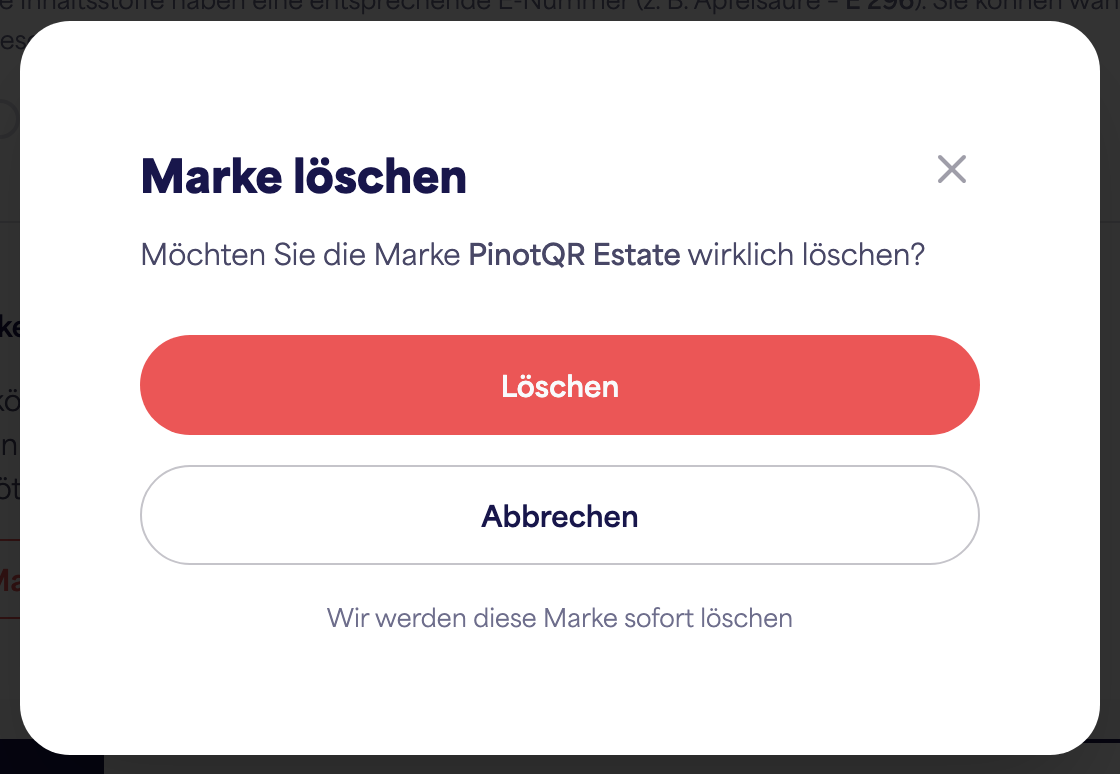Der Bestätigungsdialog „Marke löschen“ warnt vor bestehenden E-Etiketten