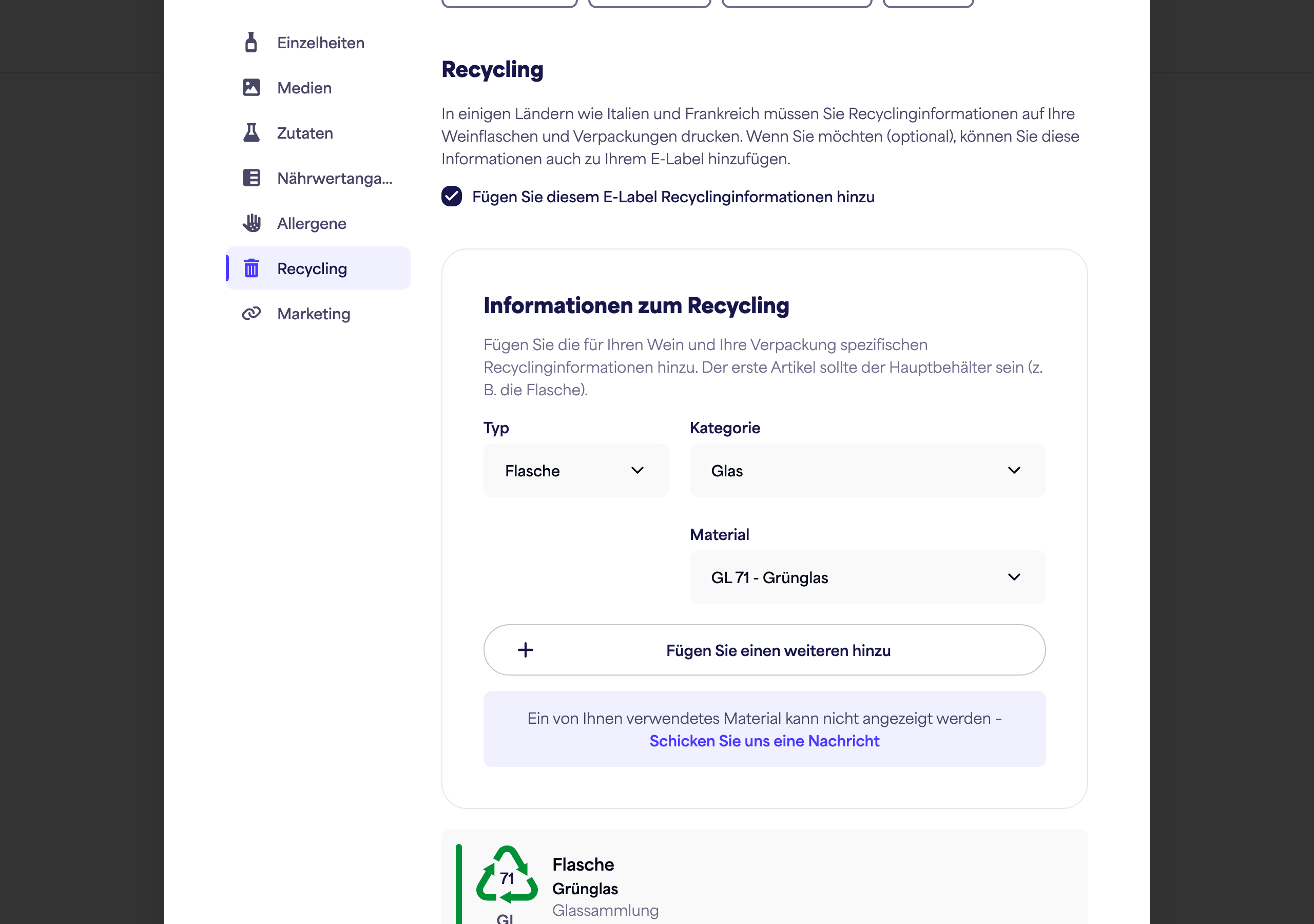 Umschalter und Erklärung des Abschnitts Recycling