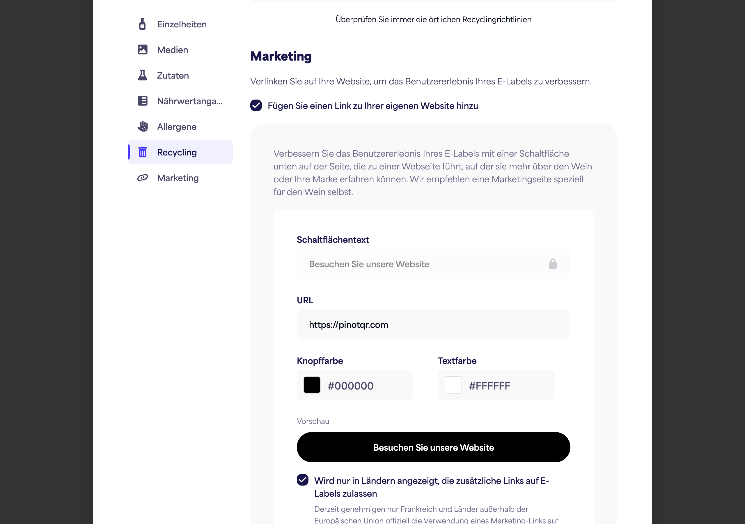 Der Marketingbereich mit dem Umschalter, Buttontext, URL und Farbauswahlen plus der Live-Button-Vorschau