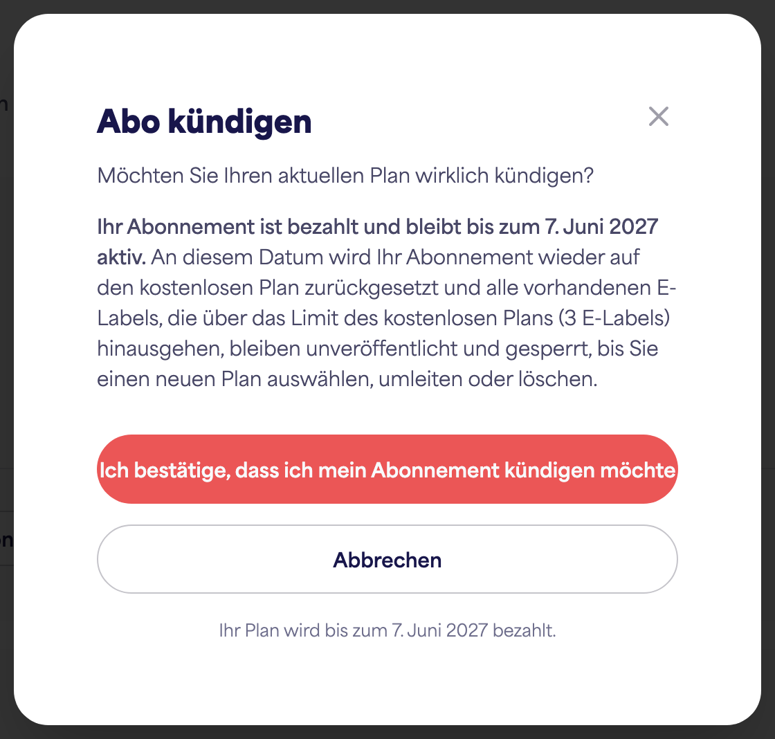 Der Abonnementbereich des Kontos, der die Option 'Abonnement kündigen' anzeigt