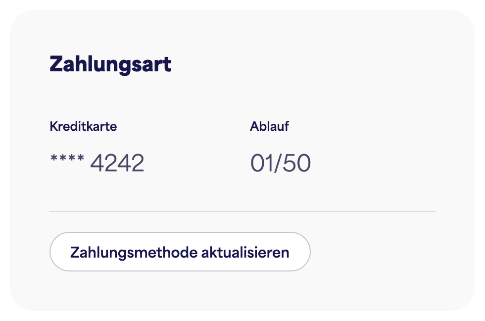 Der Bereich Zahlungsmethode mit der gespeicherten Karte und "Zahlungsmethode aktualisieren"