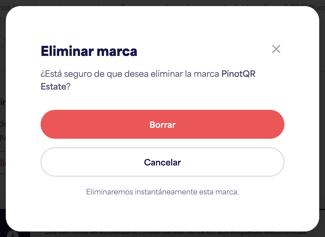 El diálogo de confirmación 'Eliminar marca' advirtiendo sobre las etiquetas electrónicas existentes
