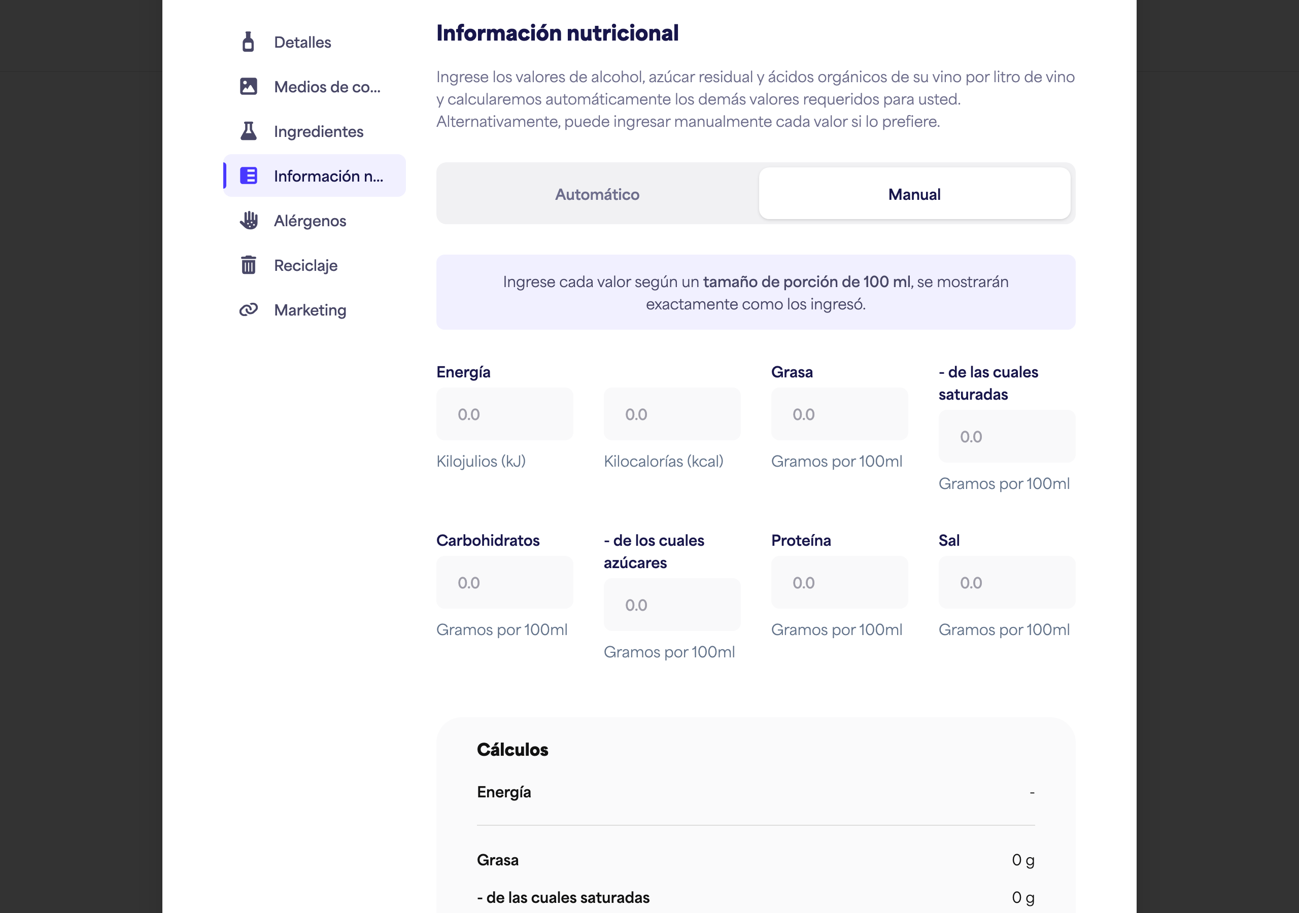 La sección Nutricional cambiada a Manual, mostrando el conjunto completo de campos