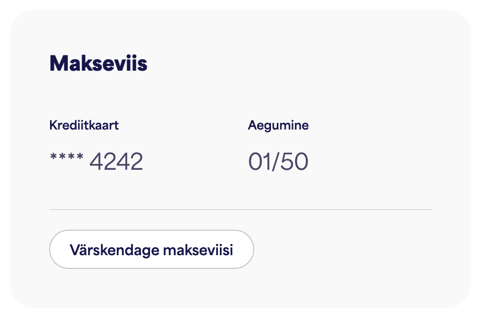 Makseviisi kaart, mis näitab salvestatud kaarti ja „Uuenda makseviisi“