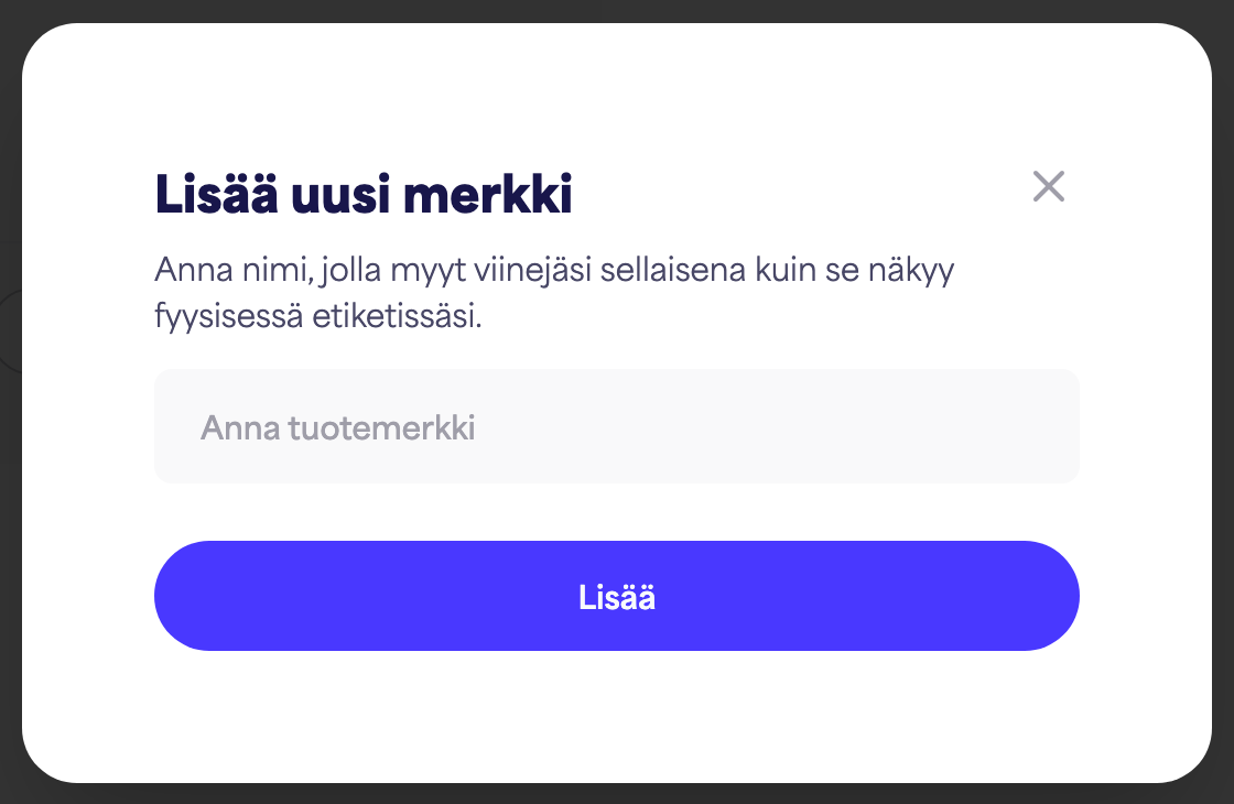 Valintaikkuna "Lisää uusi tuotemerkki"