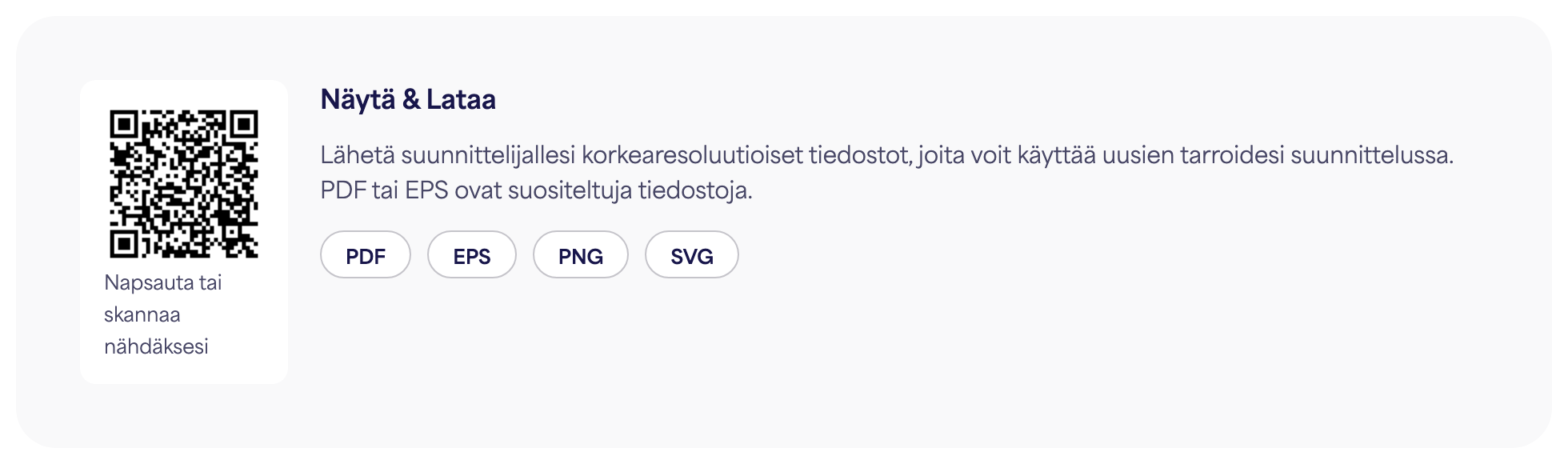QR-koodi-osio e-etiketin sivulla, jossa ovat PDF-, EPS-, PNG- ja SVG-latauspainikkeet