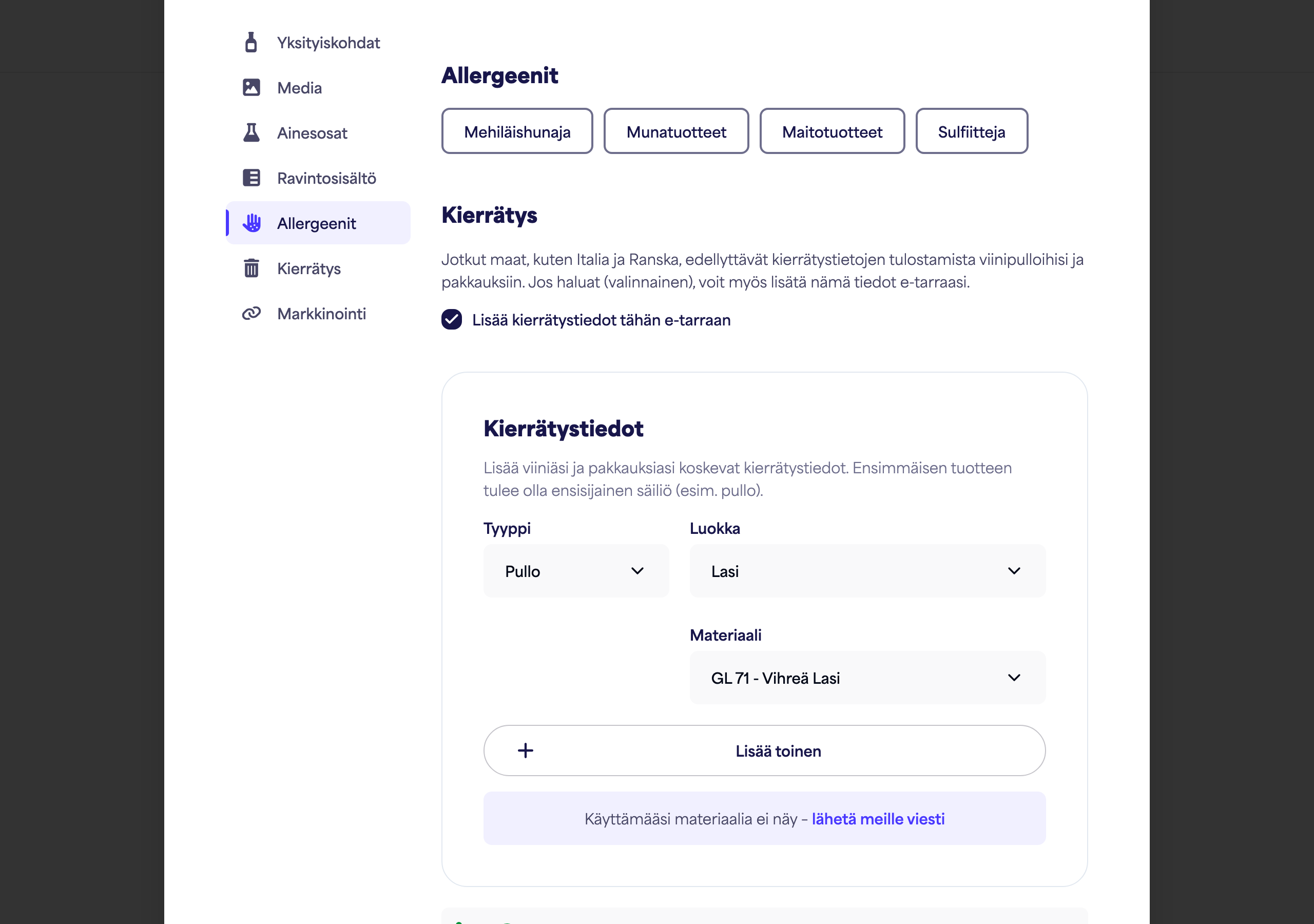Allergeenit-osio allergeenivaihtoehtoineen