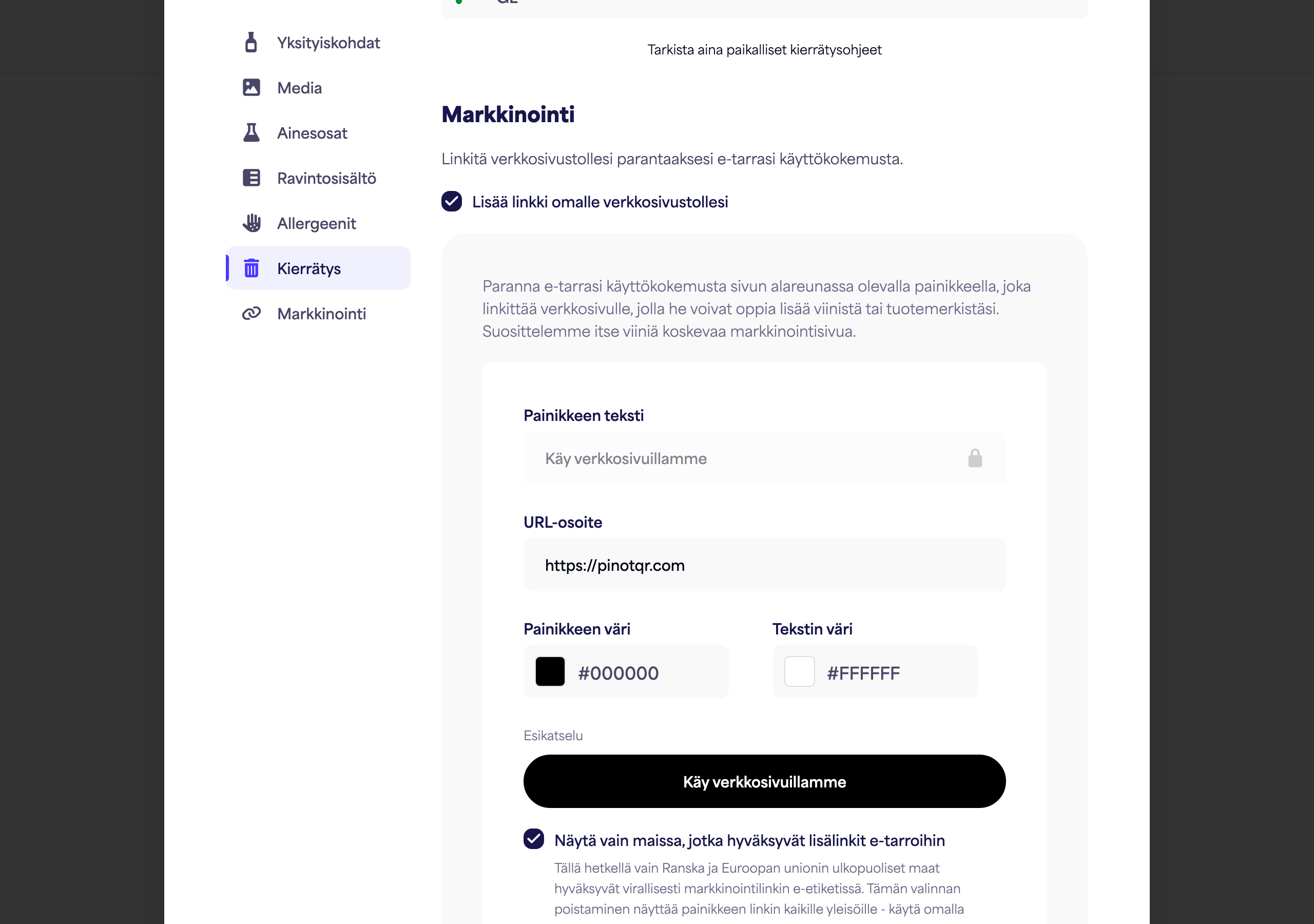 Markkinointi-osio, jossa on kytkin, painikkeen teksti, URL-osoite ja värinvalitsimet sekä painikkeen live-esikatselu