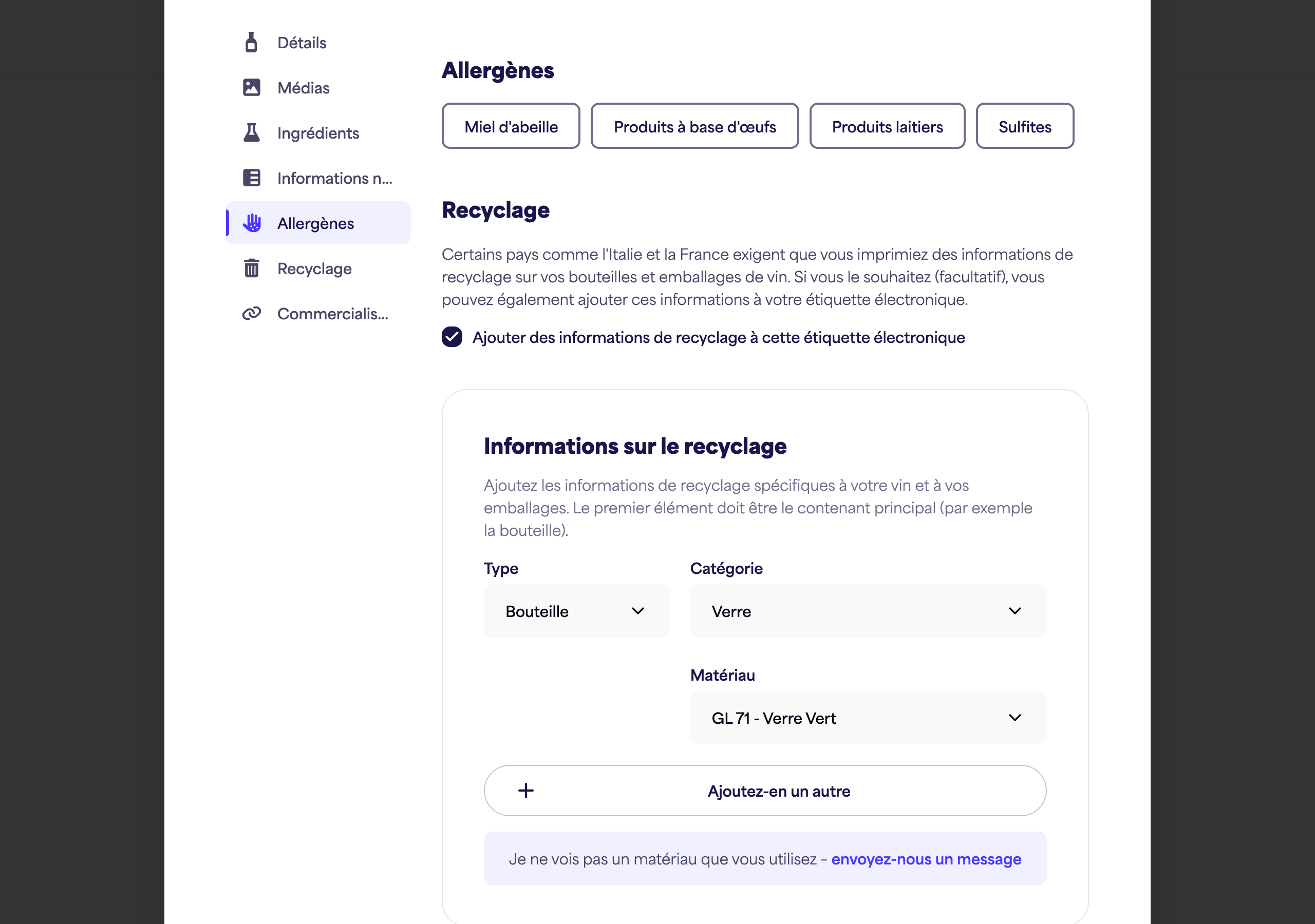 La section Allergènes avec les options d'allergènes
