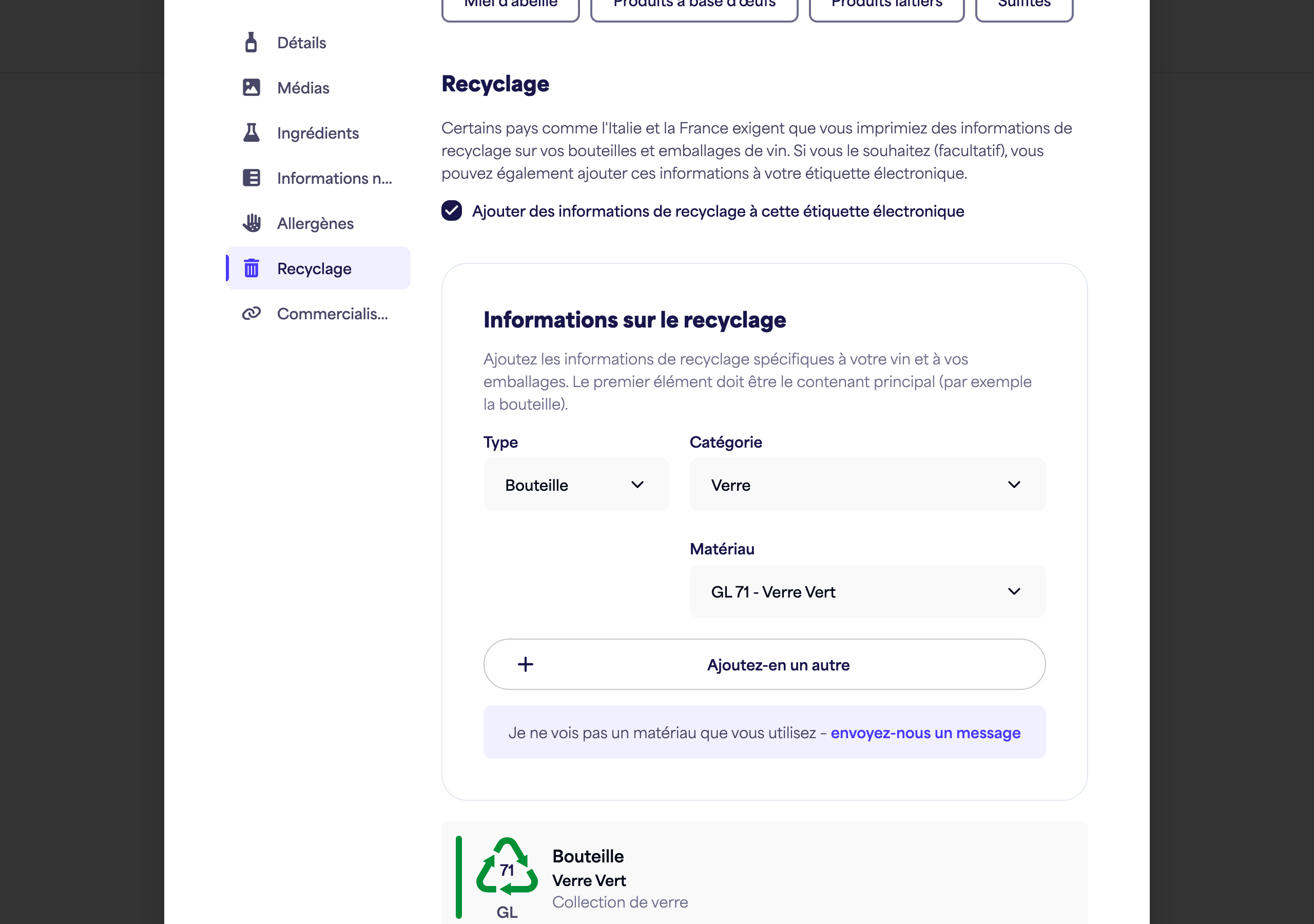 Le bouton d'activation et l'explication de la section Recyclage