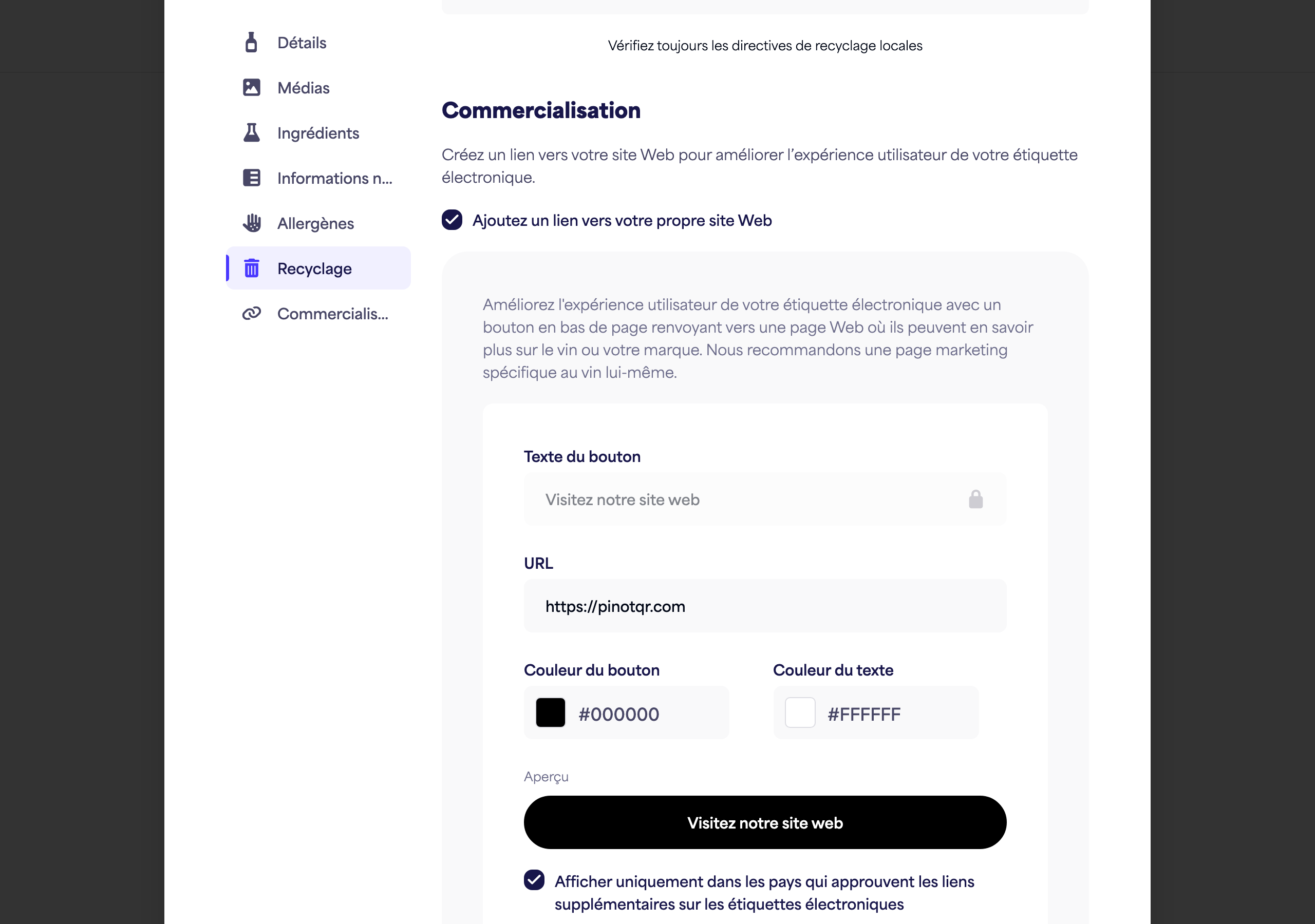 La section Marketing avec le bouton à bascule, le texte du bouton, l'URL et les sélecteurs de couleur ainsi que l'aperçu en direct du bouton