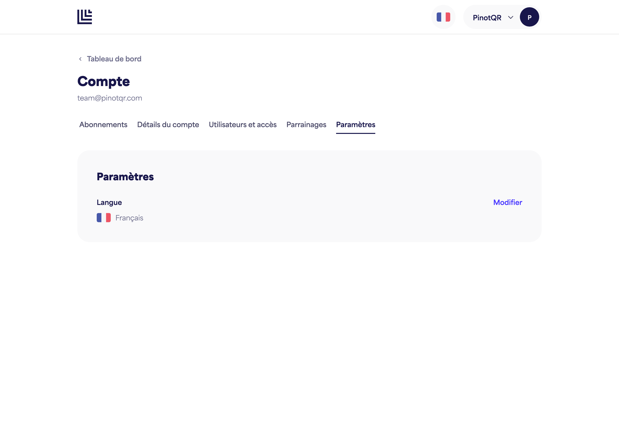 La page Paramètres avec l'option Langue