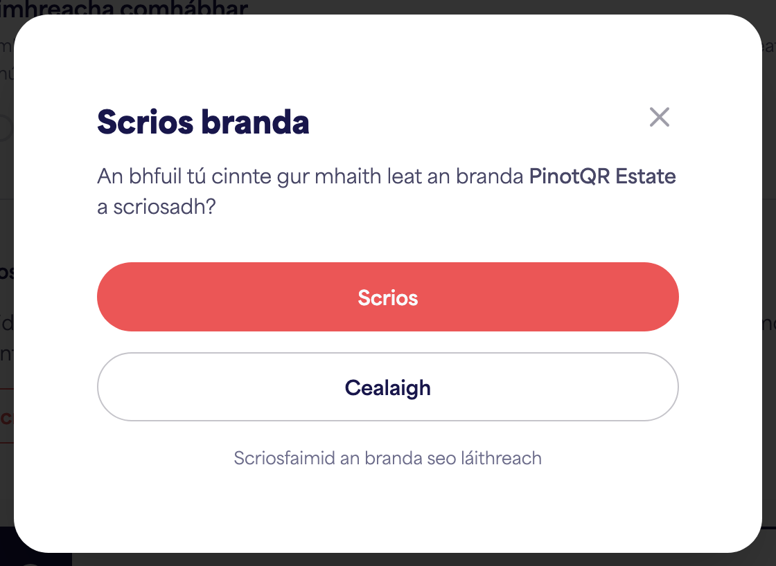An dialóg deimhnithe "Scrios branda" ag tabhairt rabhadh faoi e-lipéid atá ann cheana