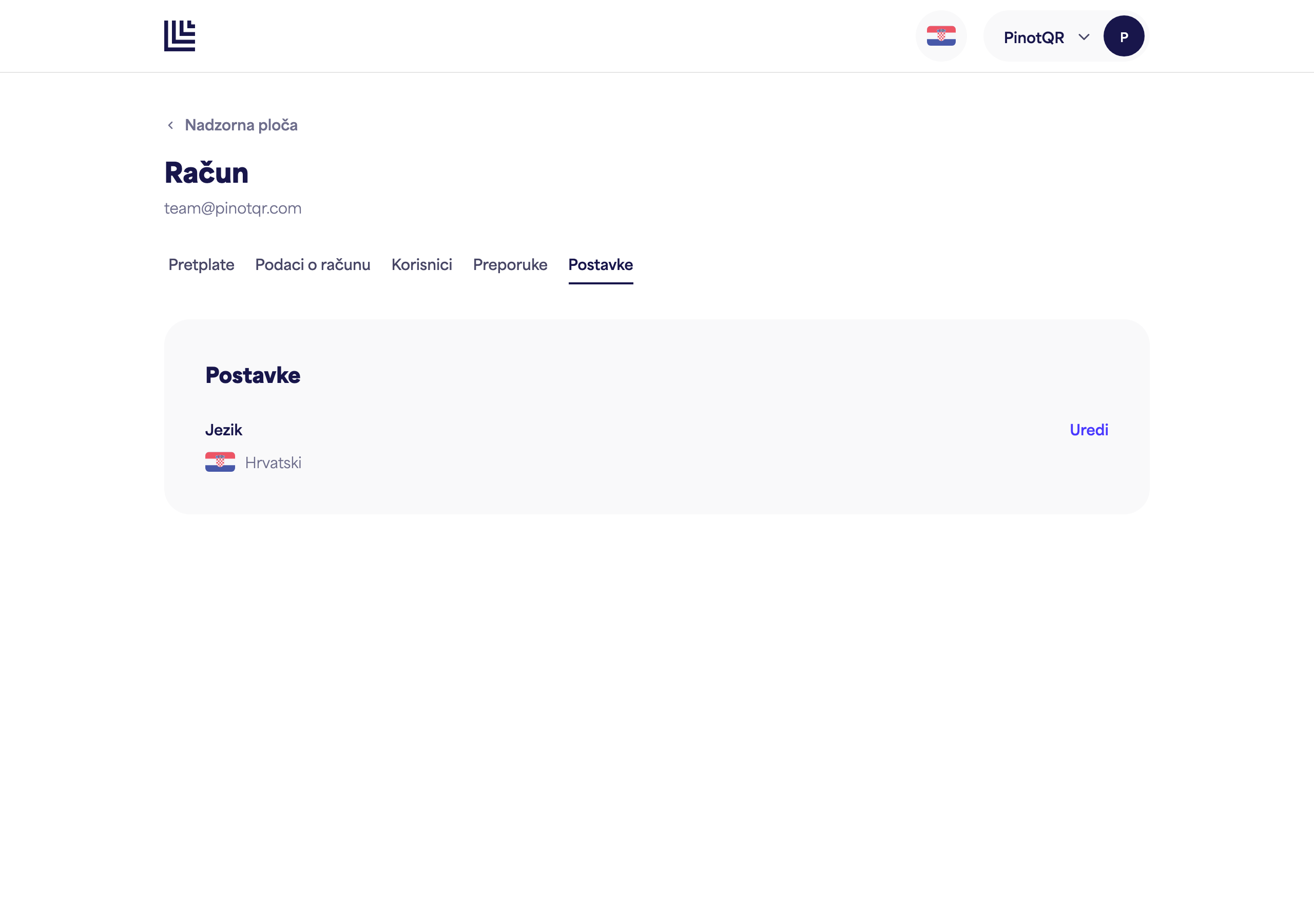 Stranica Postavki s opcijom Jezik