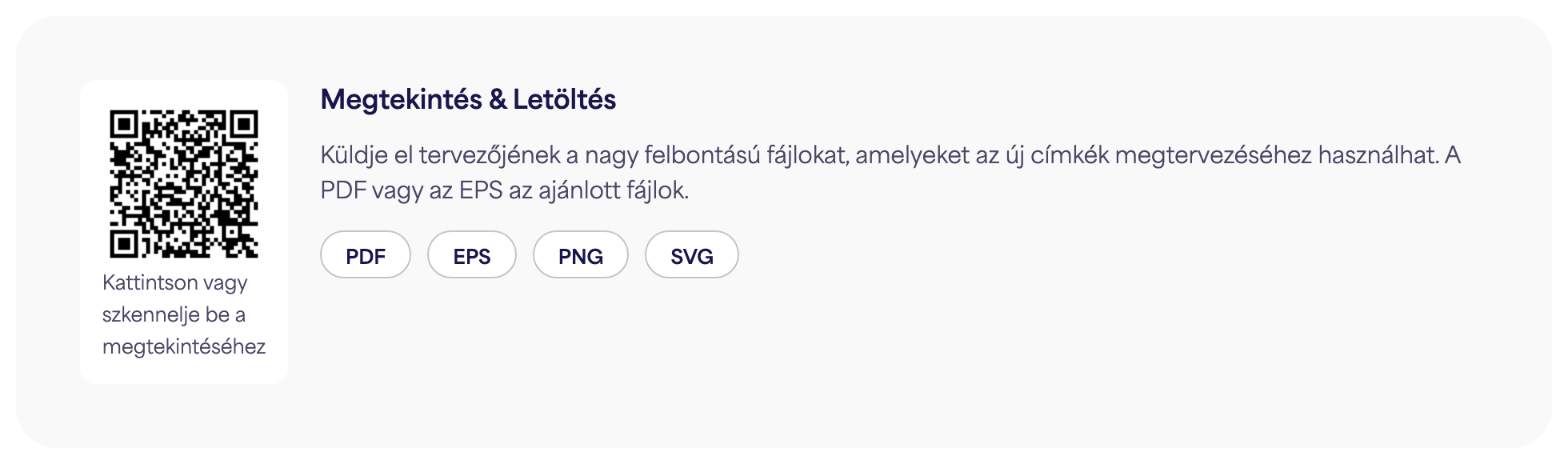 A QR-kód szakasz egy e-címke oldalon a PDF, EPS, PNG és SVG letöltés gombokkal