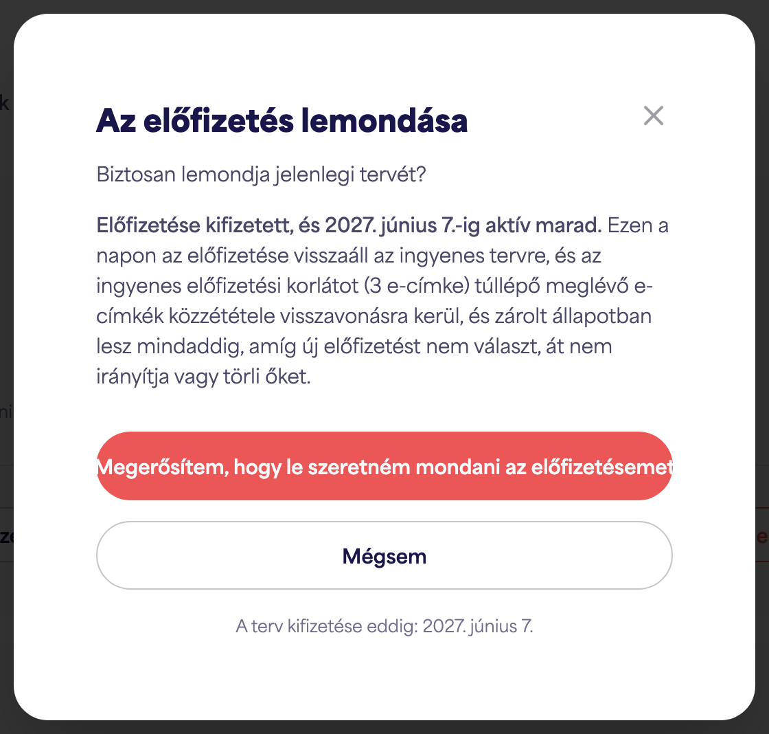 Az előfizetés lemondása opciót mutató előfizetési terület a fiókban