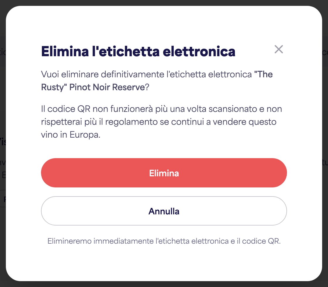 La finestra di dialogo di conferma "Elimina etichetta elettronica"