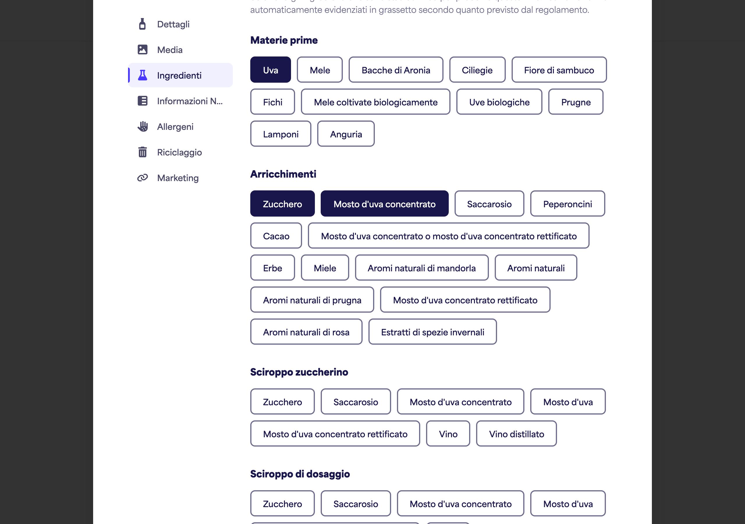 La sezione Ingredienti con diverse categorie e ingredienti selezionati