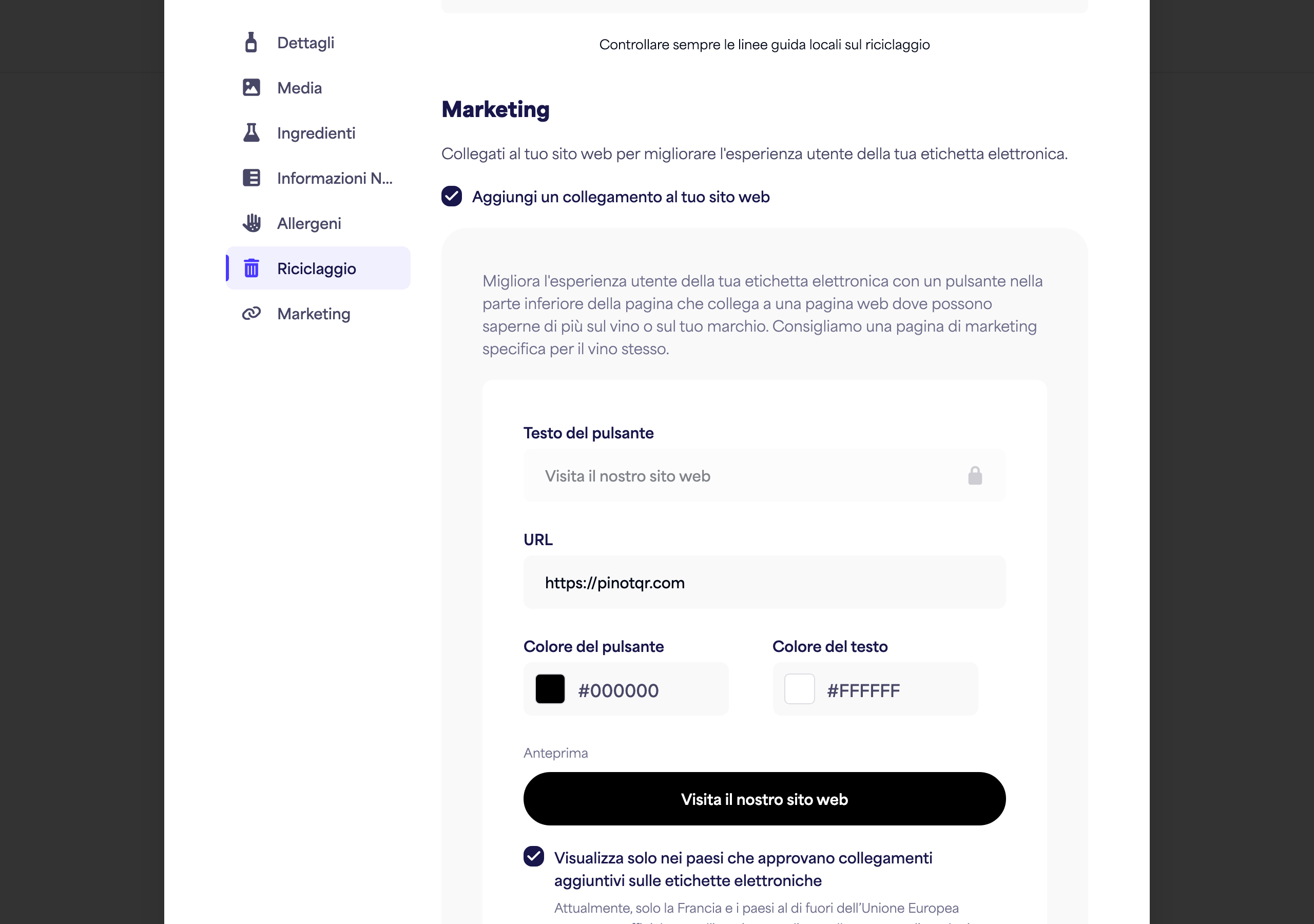 La sezione Marketing con l'interruttore, il testo del pulsante, l'URL e i selettori di colore più l'anteprima in tempo reale del pulsante