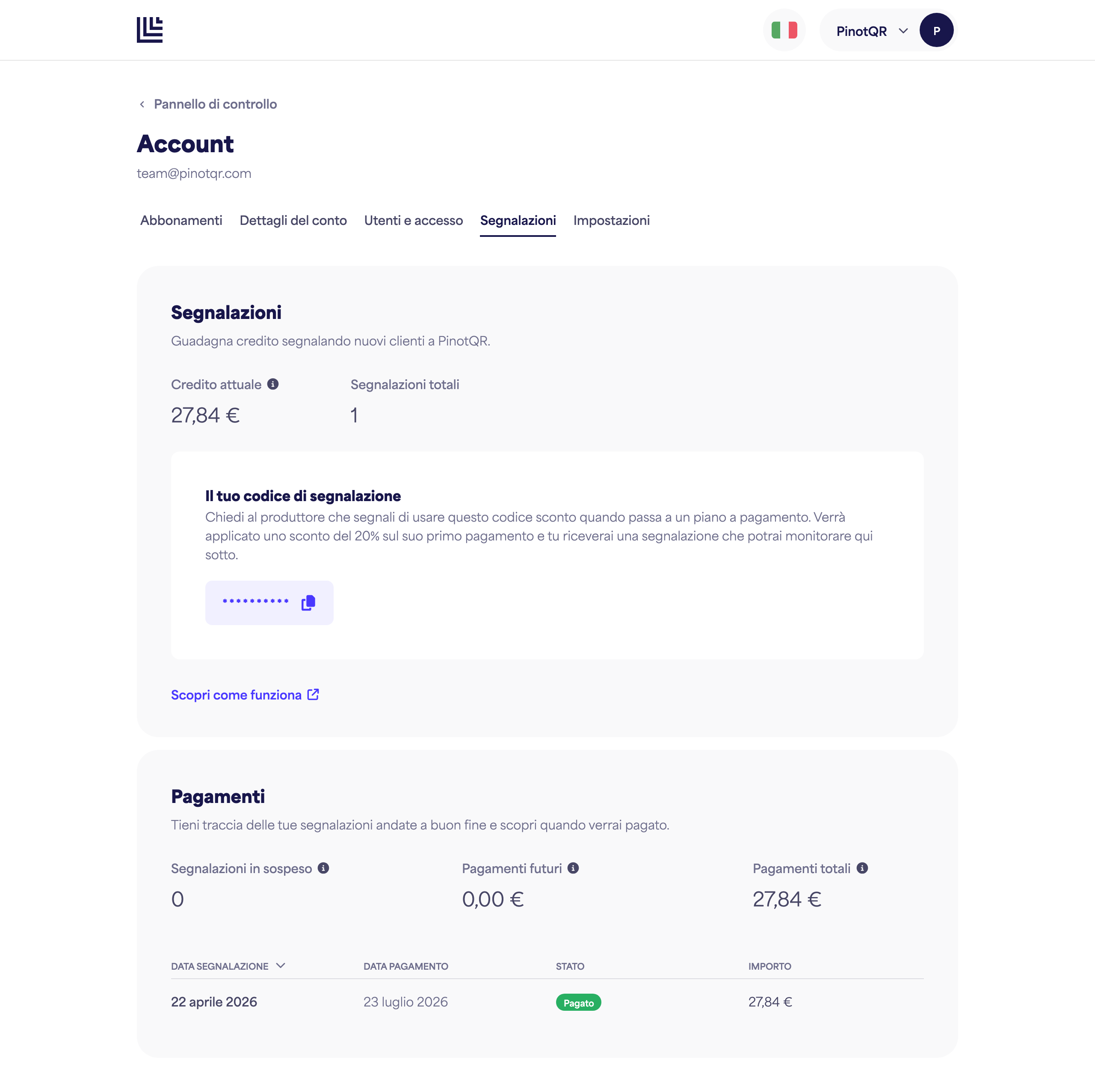 La pagina Segnalazioni che mostra il codice di segnalazione e le statistiche di credito