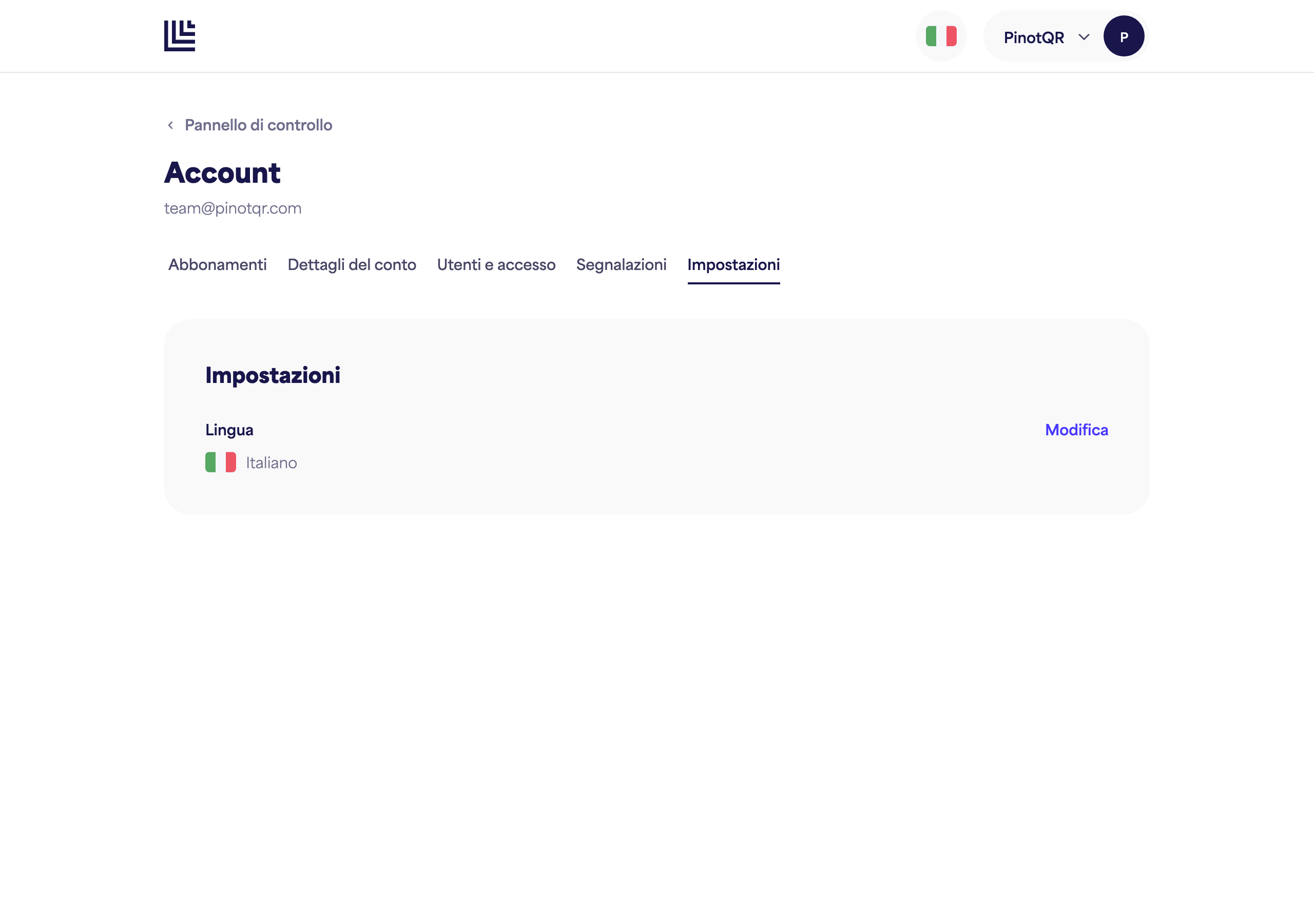 La pagina Impostazioni con l'opzione Lingua
