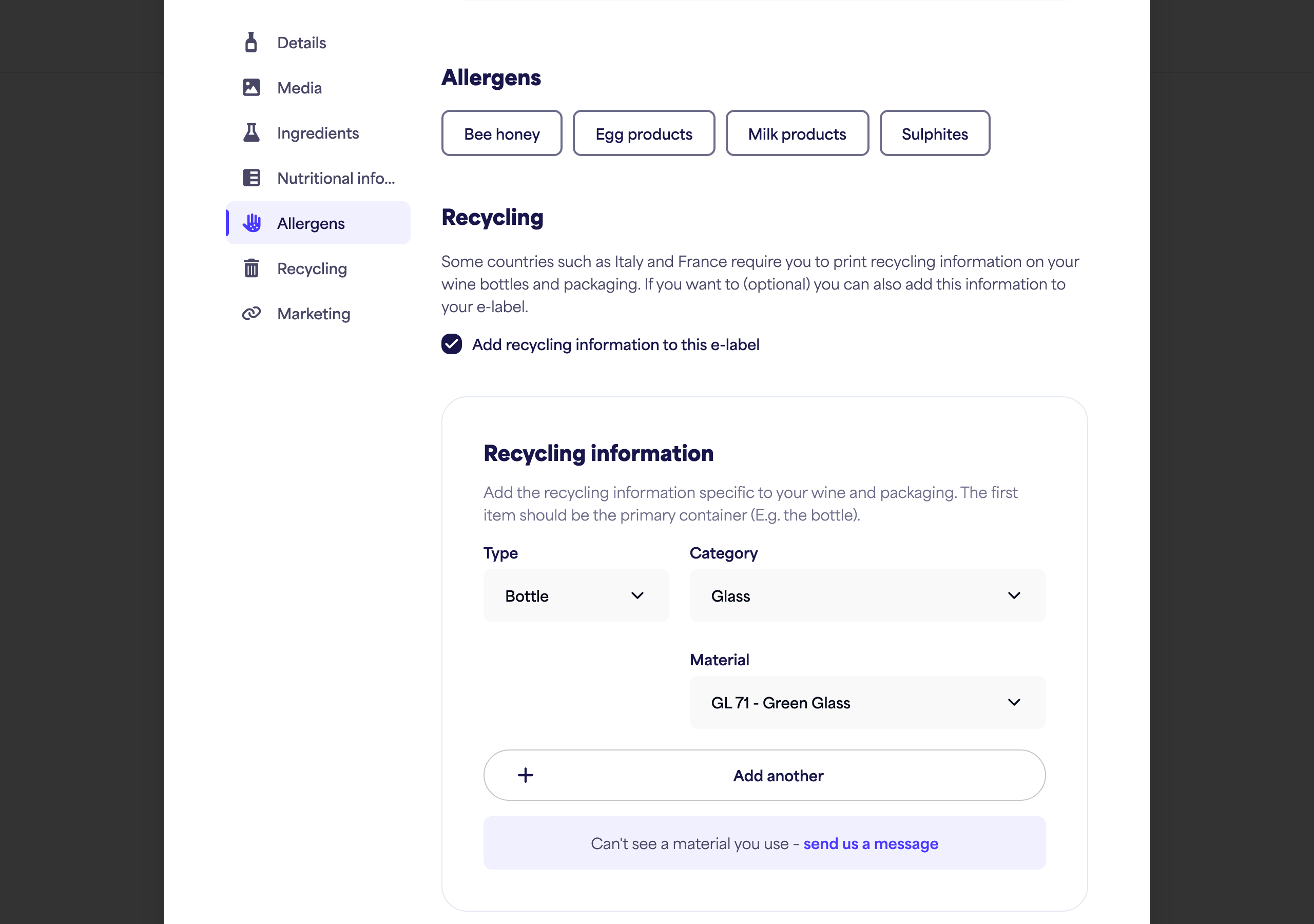 The Allergens section with allergen options
