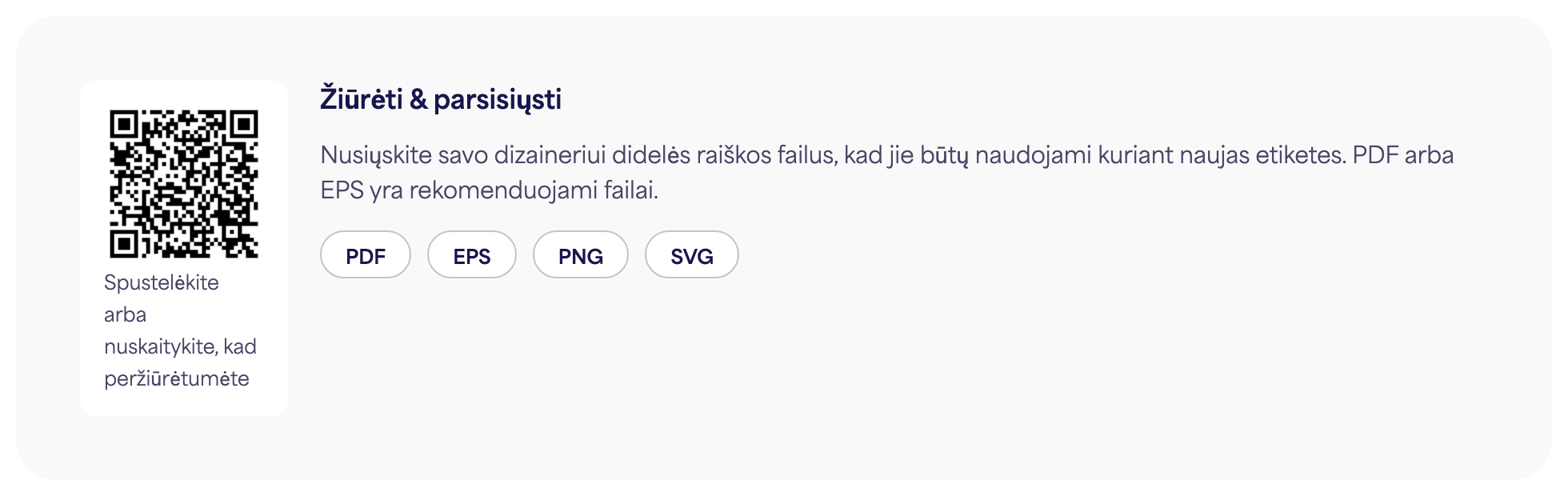 QR kodo skiltis el. etiketės puslapyje su PDF, EPS, PNG ir SVG atsisiuntimo mygtukais