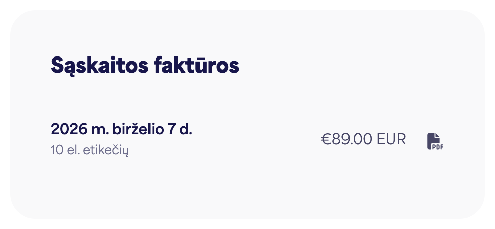 Sąskaitų faktūrų sąrašas su atsisiuntimo mygtukais