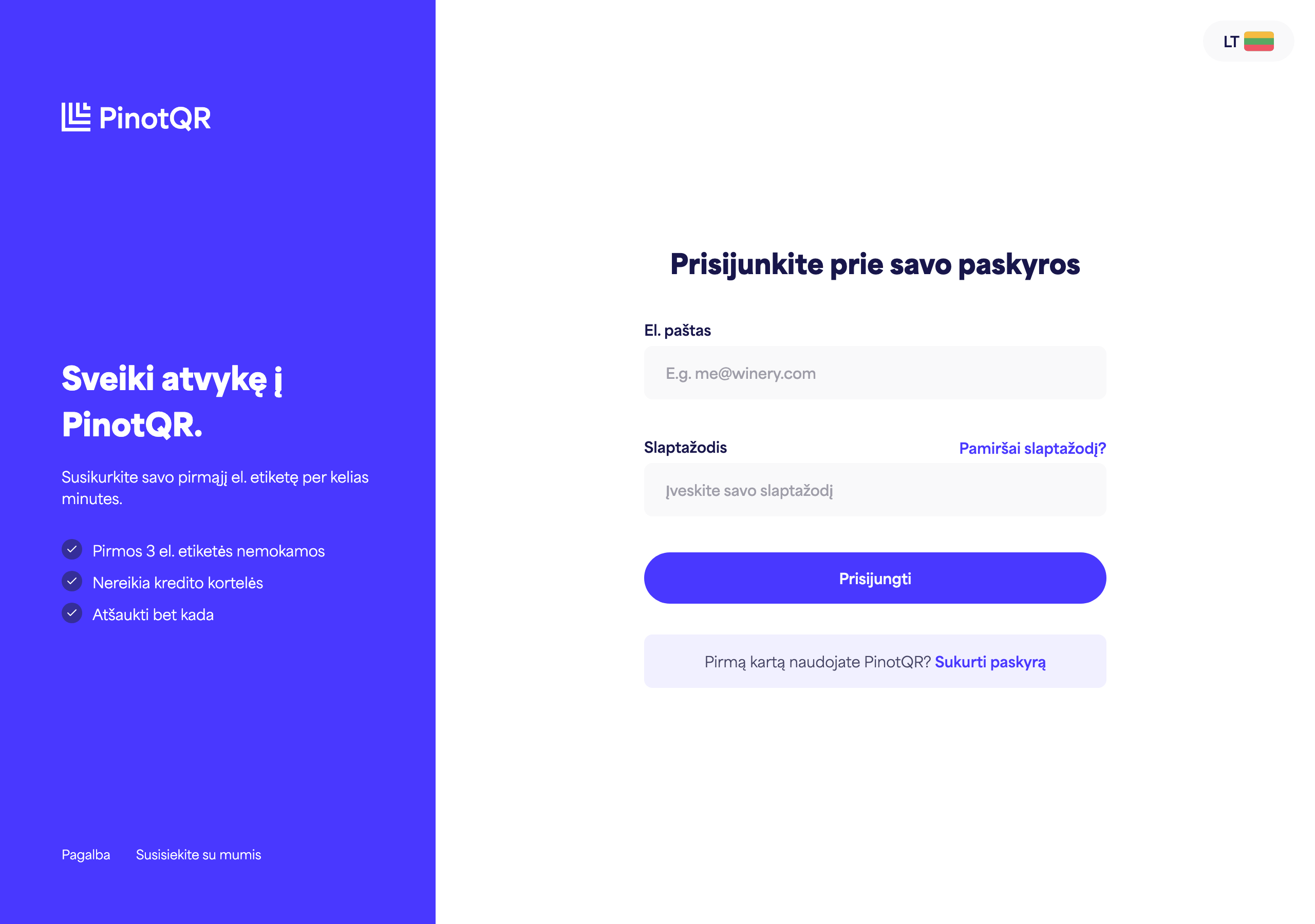 Prisijungimo forma su el. pašto ir slaptažodžio laukeliais, mygtuku „Prisijungti“ ir nuoroda „Pamiršote slaptažodį?"