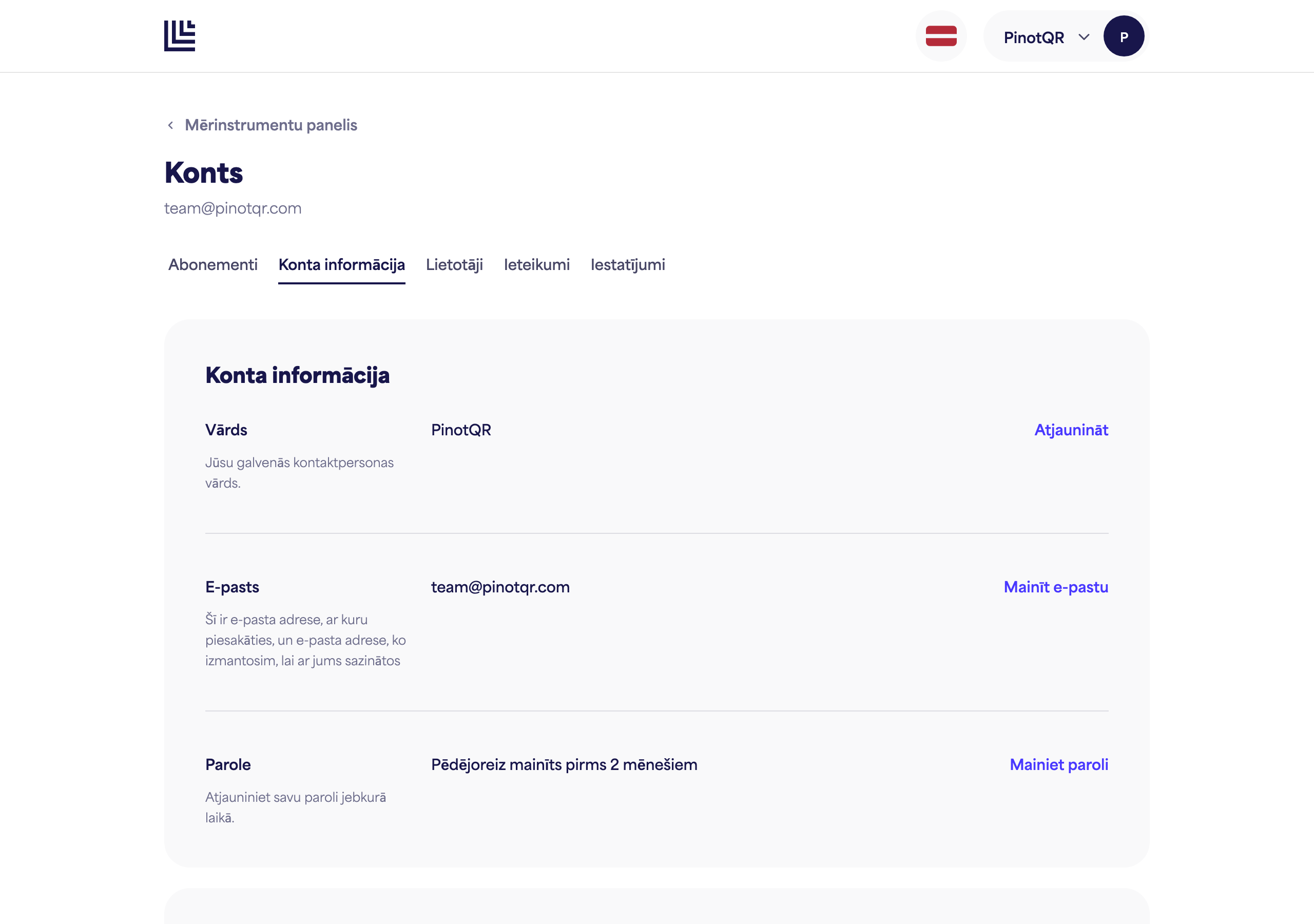 Konta detaļu lapa ar vārda lauku