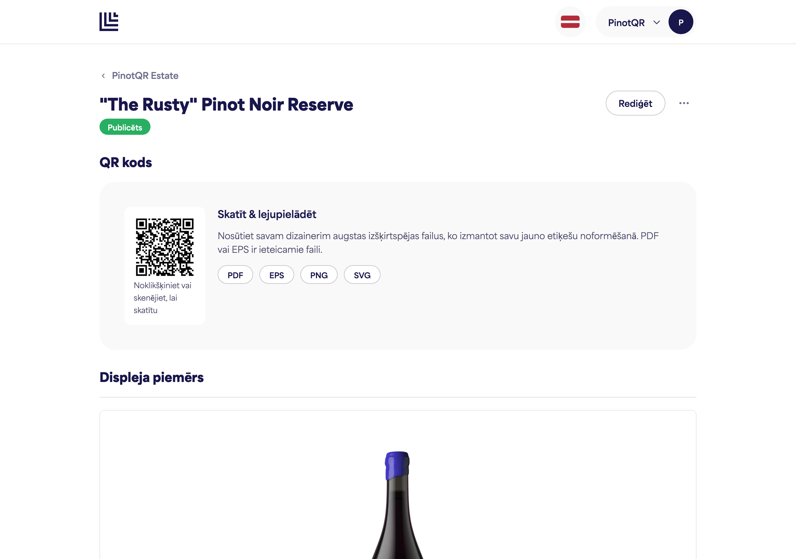 E-etiķetes lapa ar opciju "Atcelt publicēšanu"