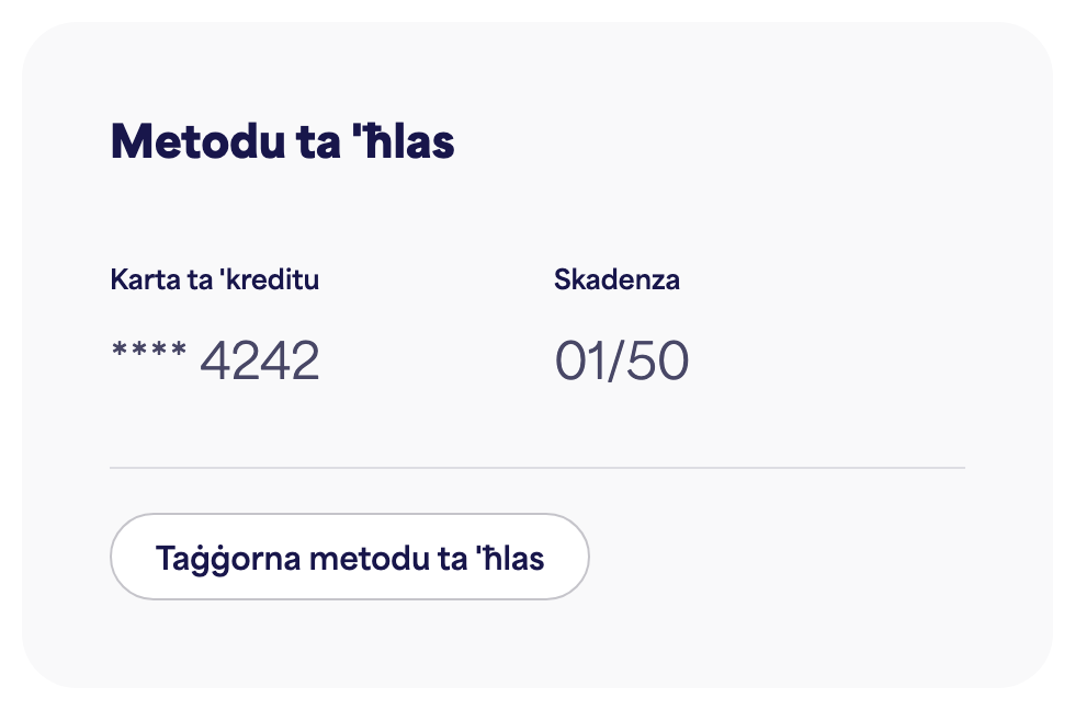 Il-kard tal-Metodu ta' ħlas li turi l-kard salvata u "Aġġorna l-metodu ta' ħlas"
