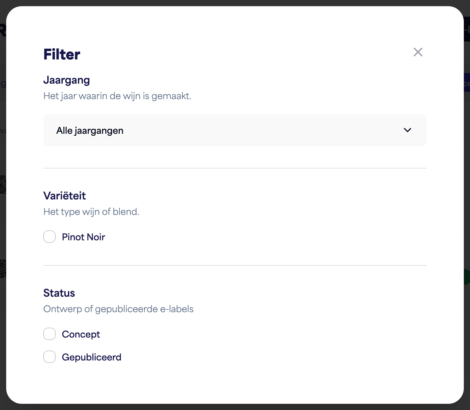 Het Filterpaneel met opties voor vintage, variëteit en status