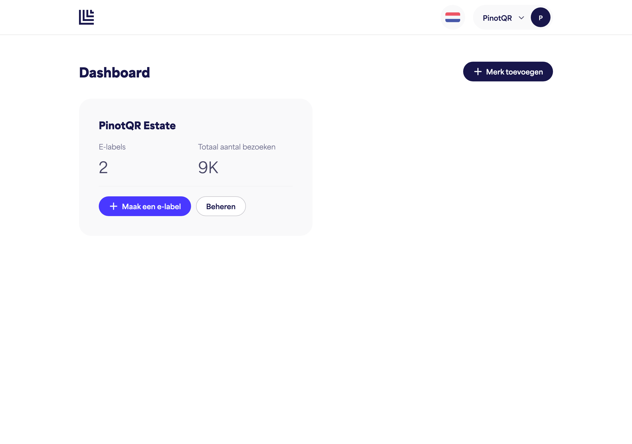 Het dashboard toont een nieuw aangemaakte merkkaart