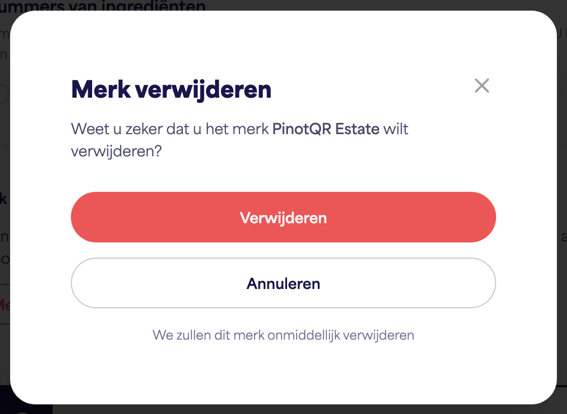 Het bevestigingsdialoogvenster "Merk verwijderen" waarschuwt voor bestaande e-labels