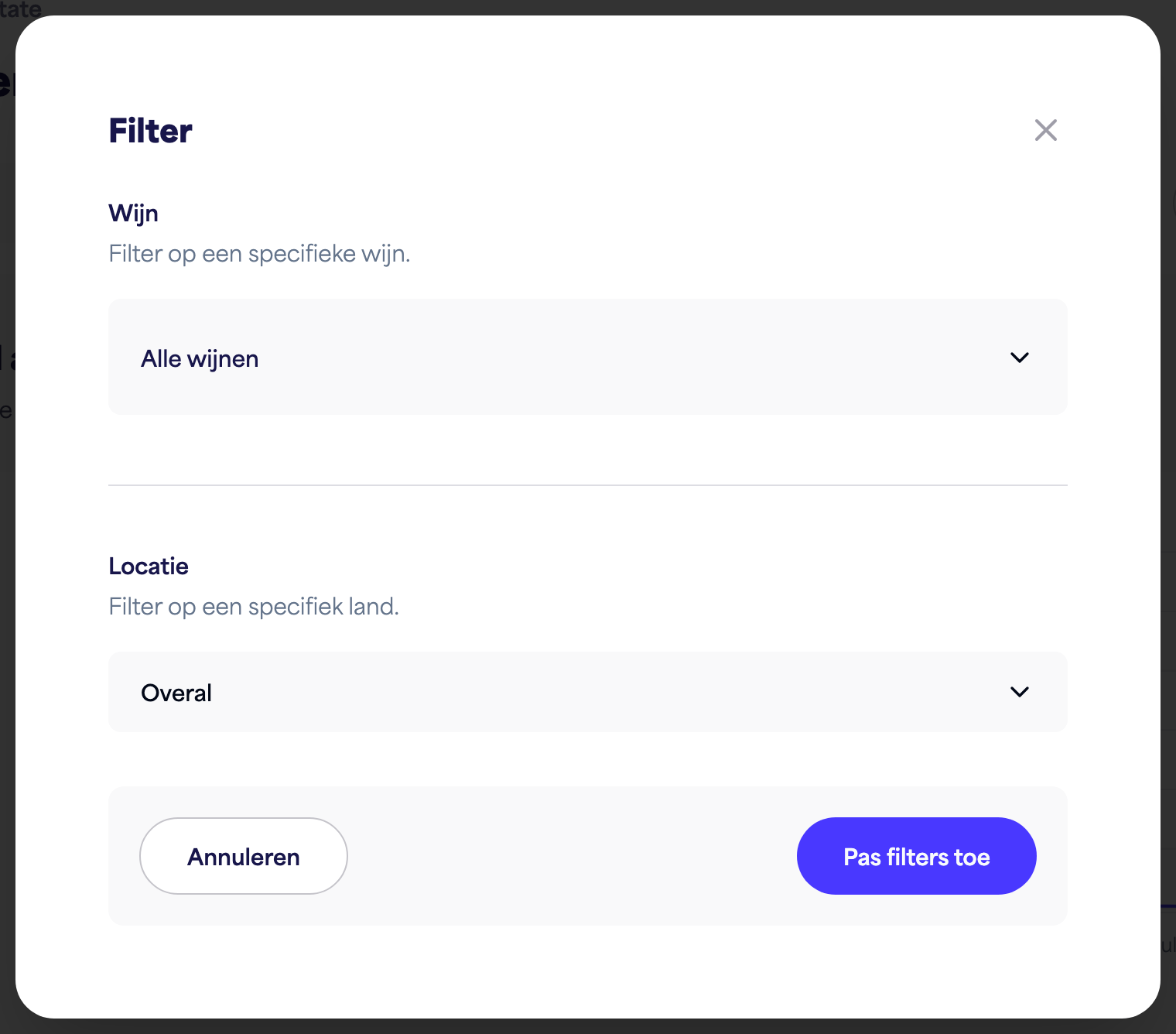 Het Insights filterpaneel (tijd, wijn, locatie)