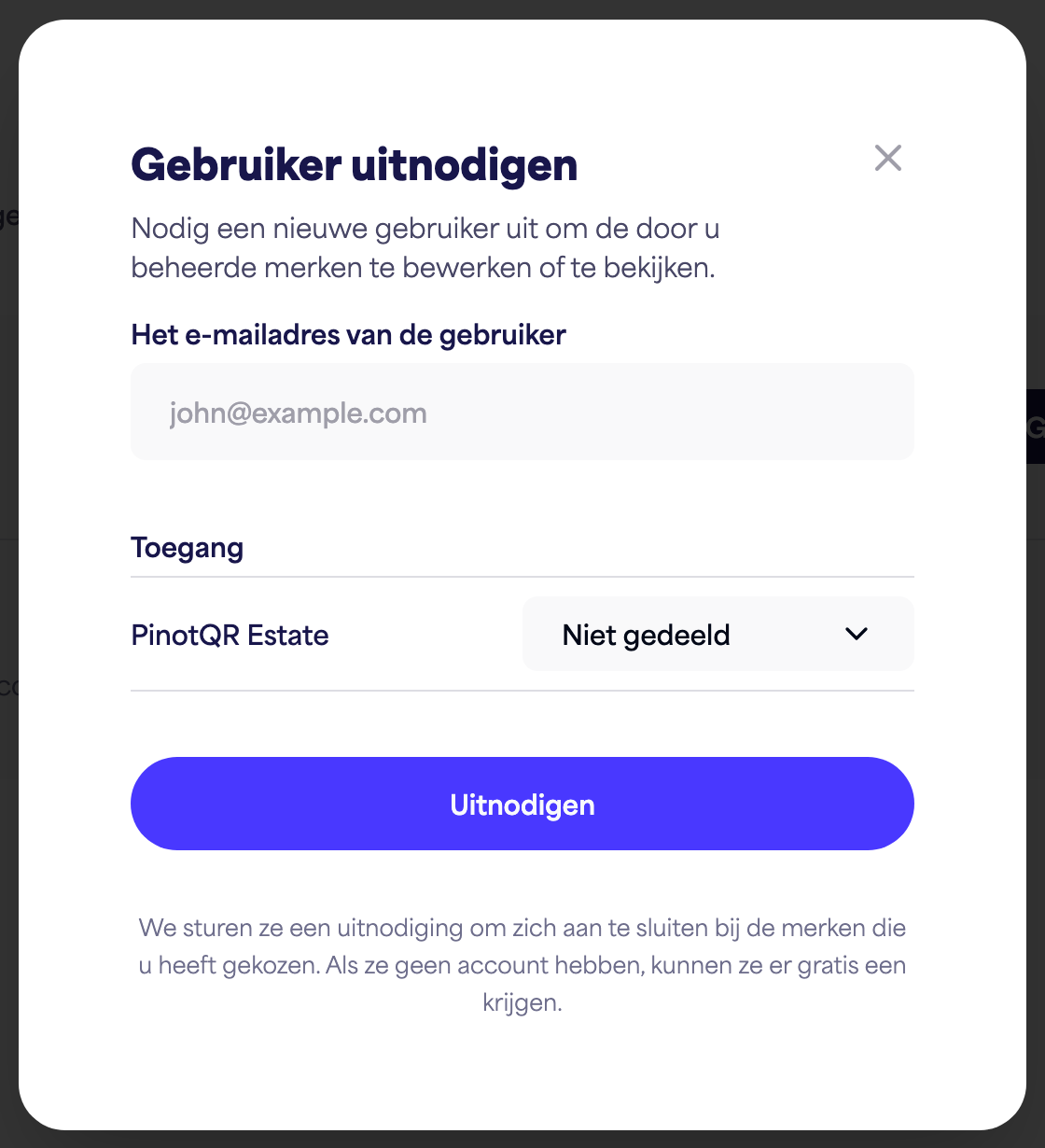 Het dialoogvenster "Gebruiker uitnodigen" met het e-mailveld en opties voor toegang per merk