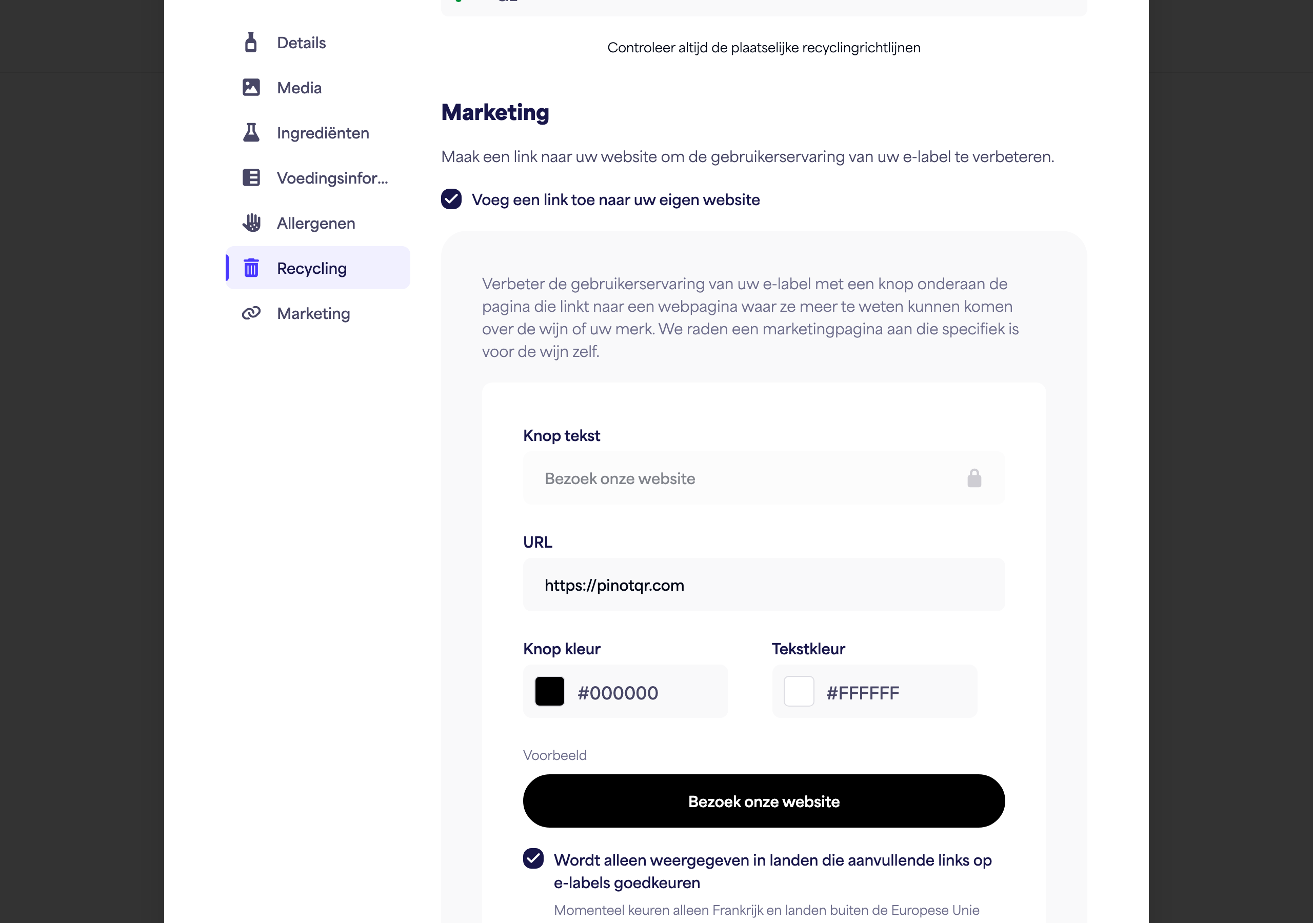De sectie Marketing met de schakelaar, knoptekst, URL, en kleurkiezers plus het live voorbeeld van de knop