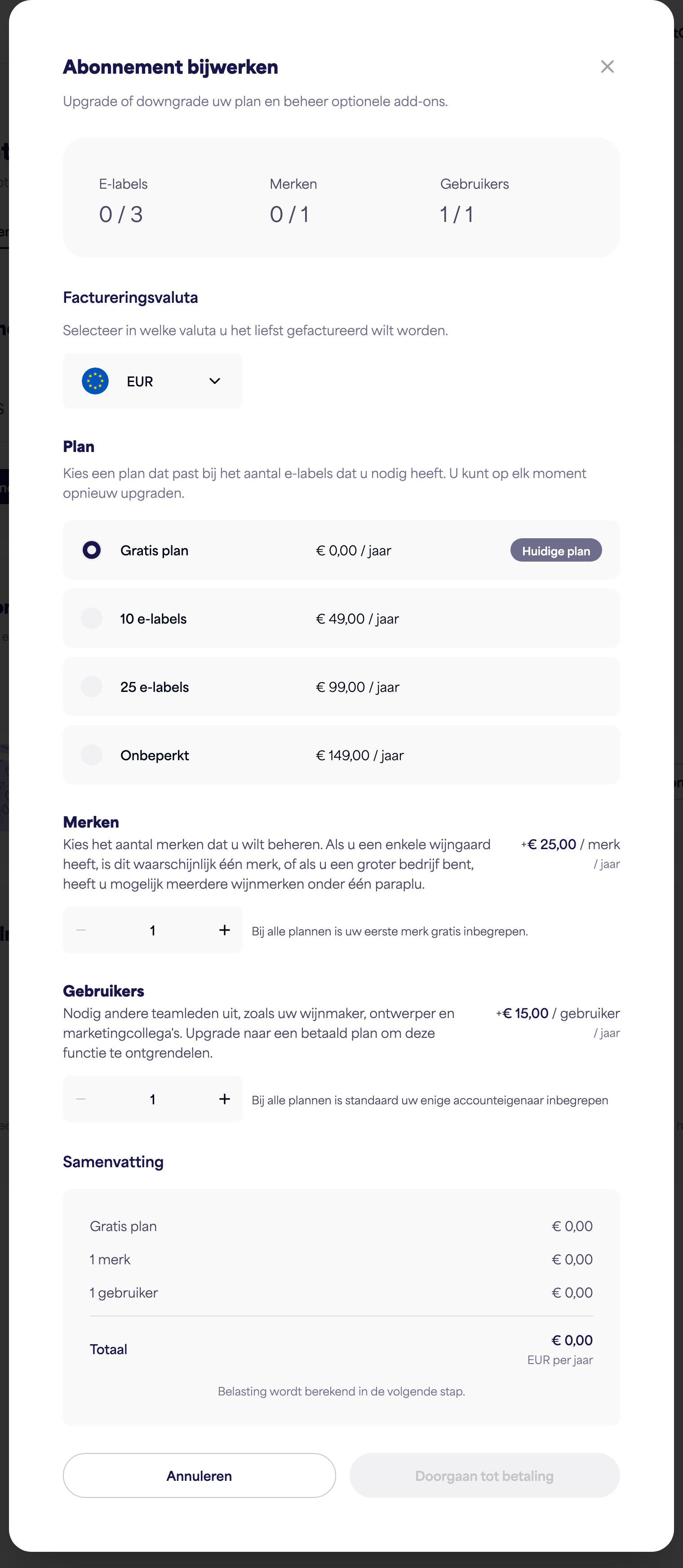 Het dialoogvenster Abonnement beheren met opties voor plan, merken en gebruikers