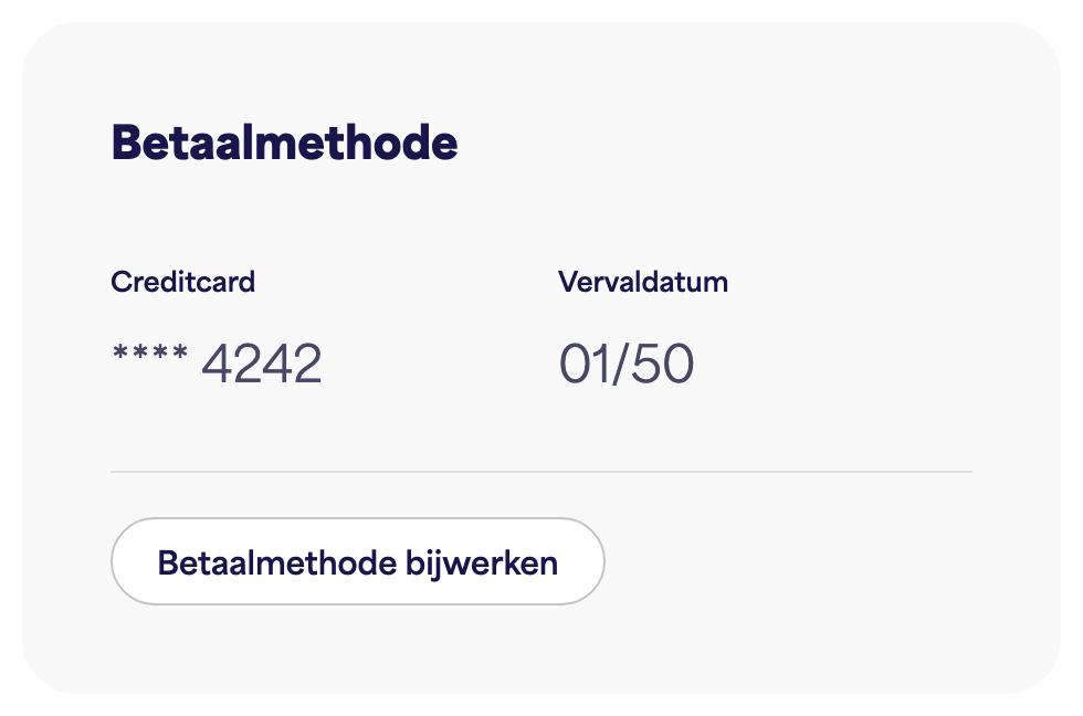 De kaart Betaalmethode met de opgeslagen kaart en "Betaalmethode bijwerken"