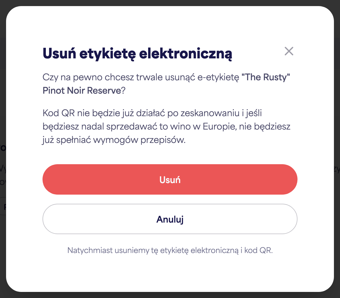 Okno dialogowe potwierdzenia „Usuń e-etykietę”