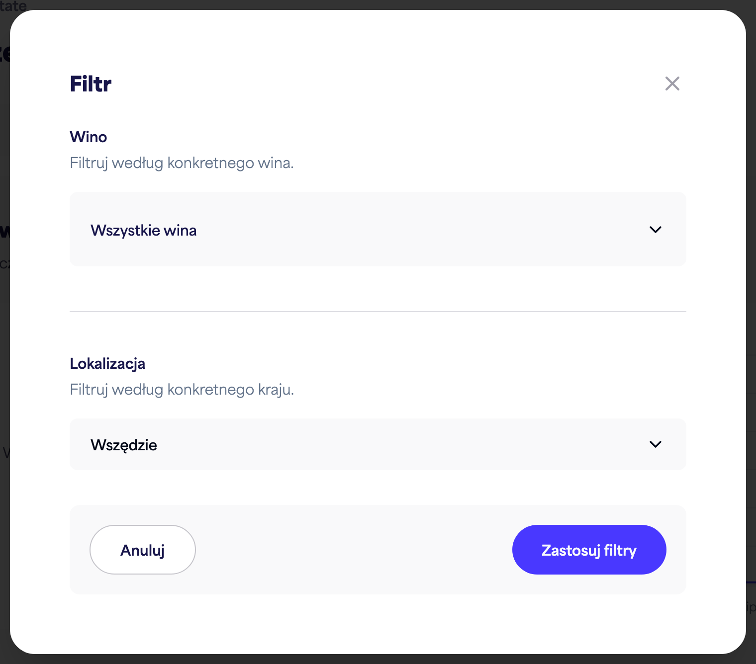 Panel filtrowania Spostrzeżeń (czas, wino, lokalizacja)