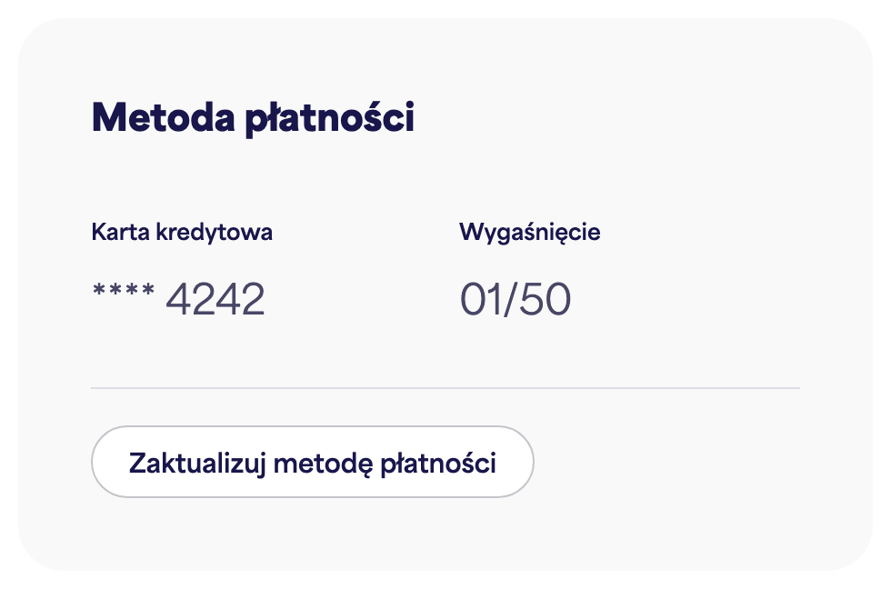 Karta Metoda płatności z zapisaną kartą i przyciskiem "Zaktualizuj metodę płatności"