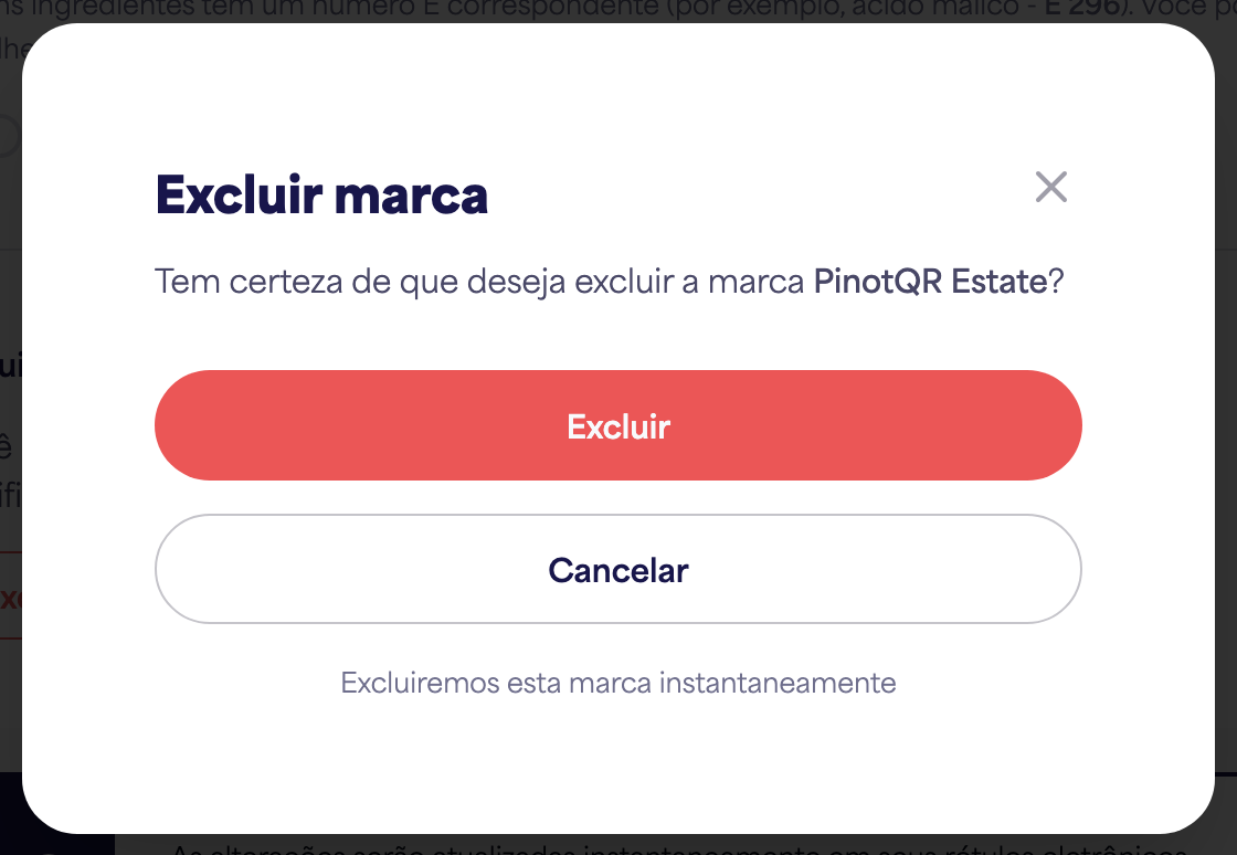 A caixa de diálogo de confirmação "Excluir marca" avisando sobre rótulos eletrônicos existentes