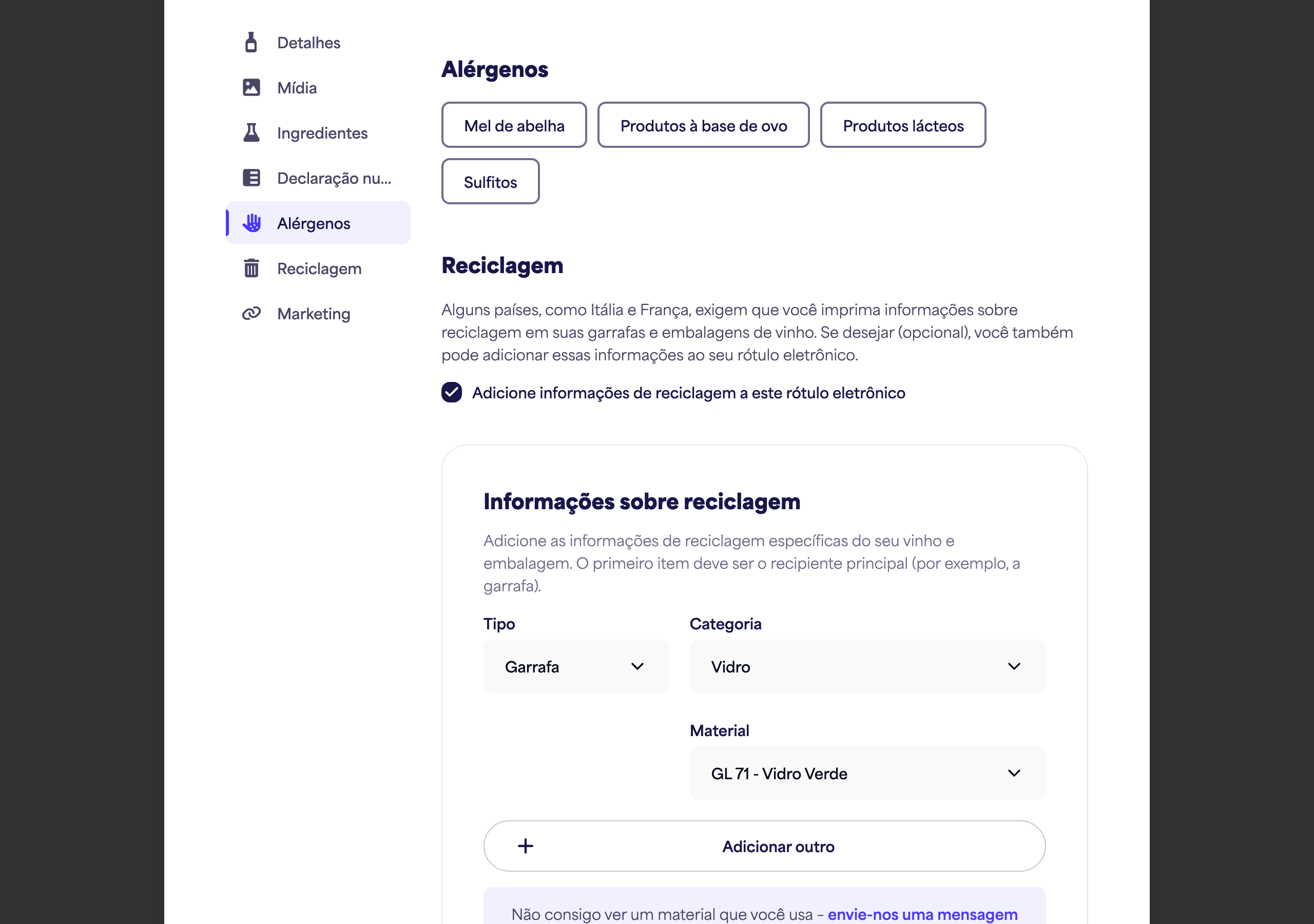 A seção Alergénios com opções de alergénios