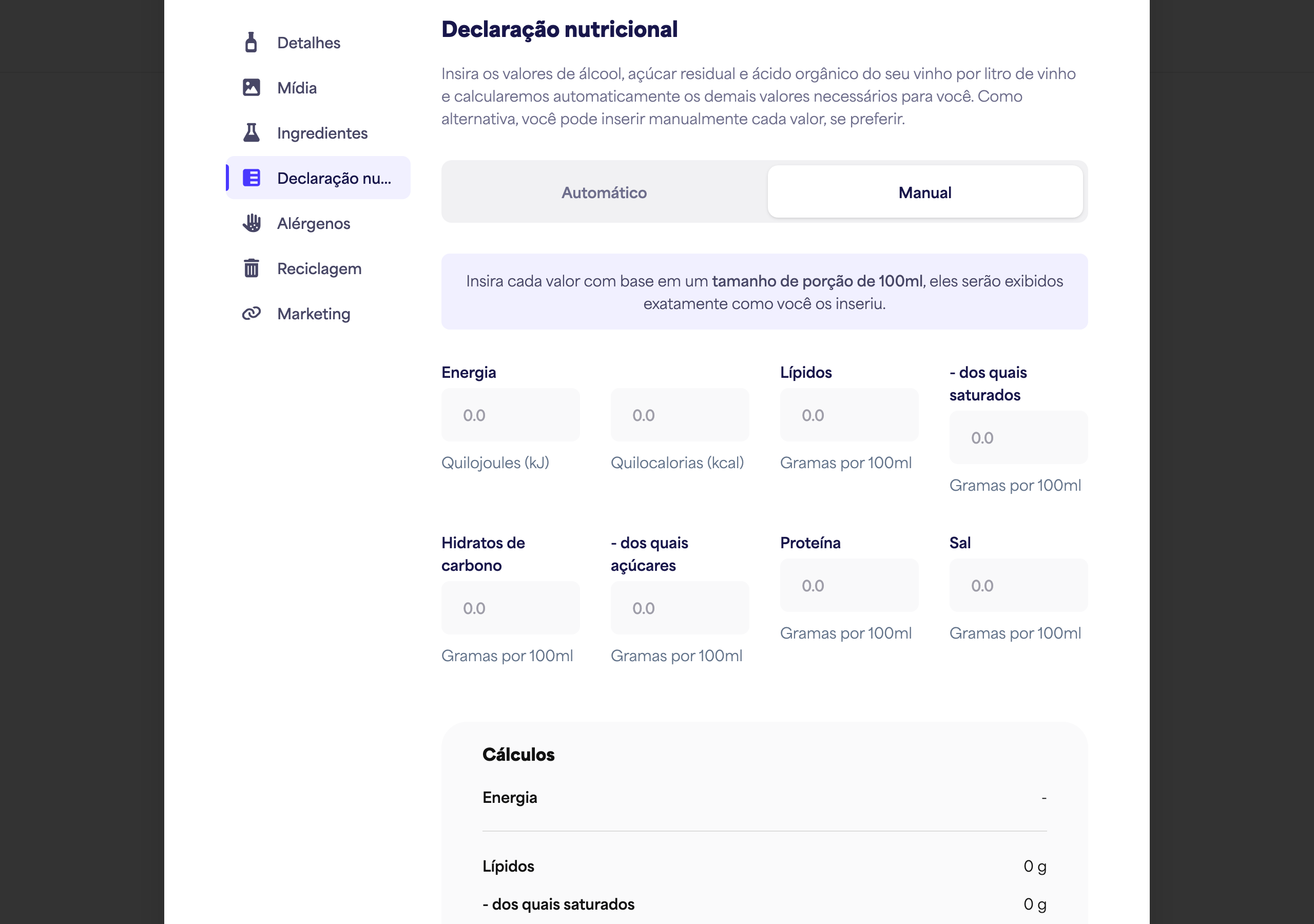 A seção Nutricional mudou para Manual, mostrando o conjunto completo de campos