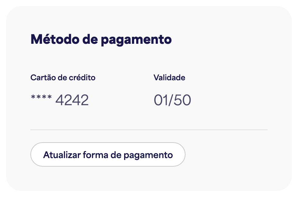 O cartão de Método de pagamento mostrando o cartão salvo e "Atualizar método de pagamento"