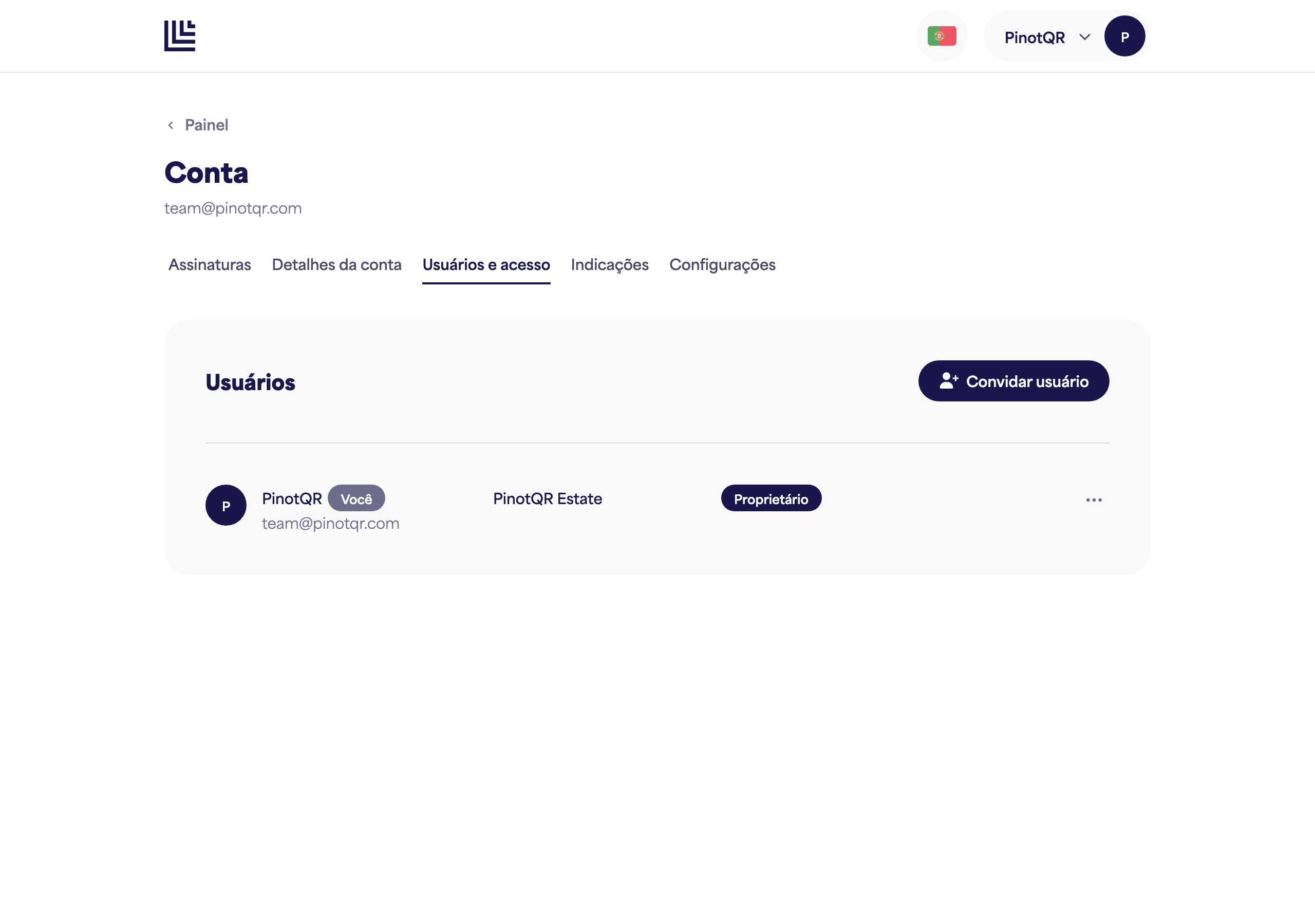 A página Usuários e acesso listando colaboradores com seu acesso por marca